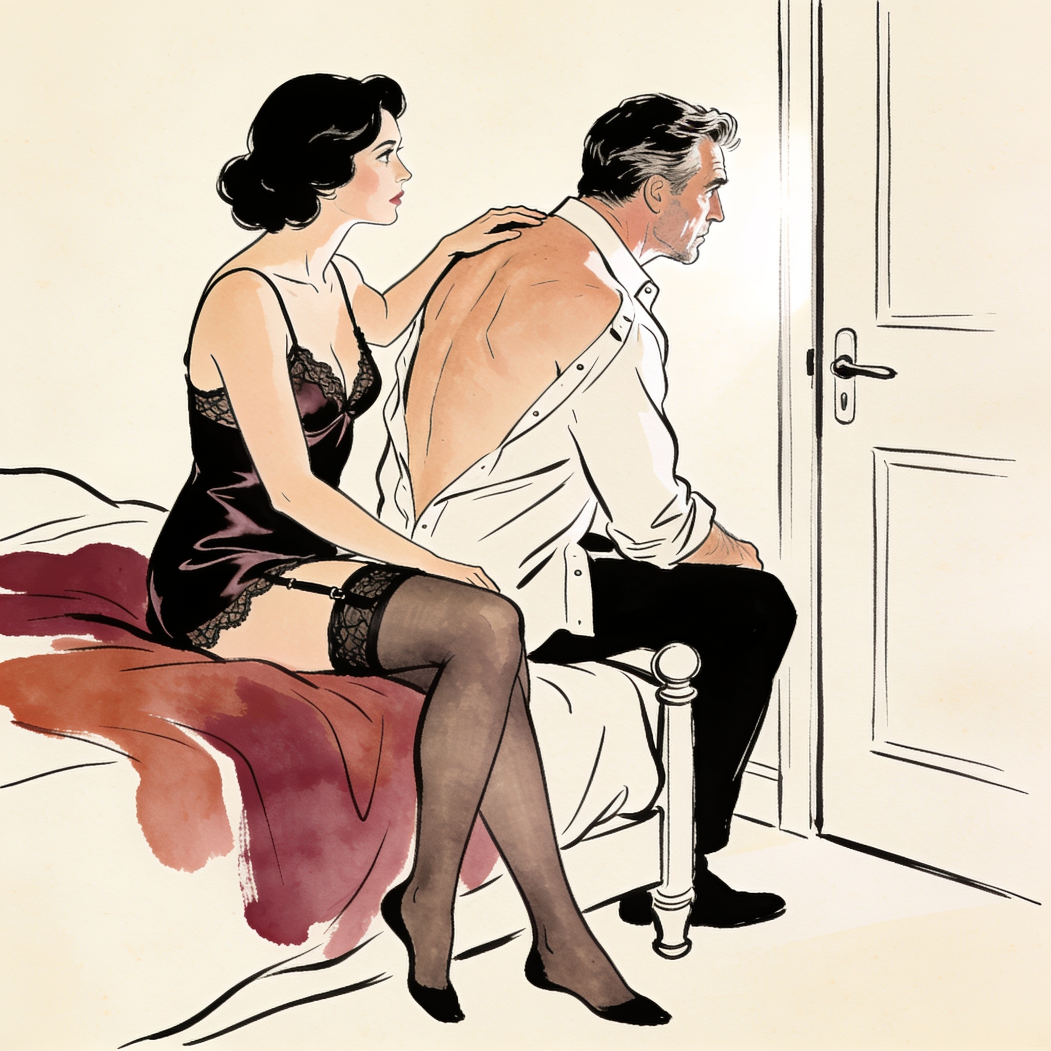 Couple awaits a third person, tension in their postures and gaze.