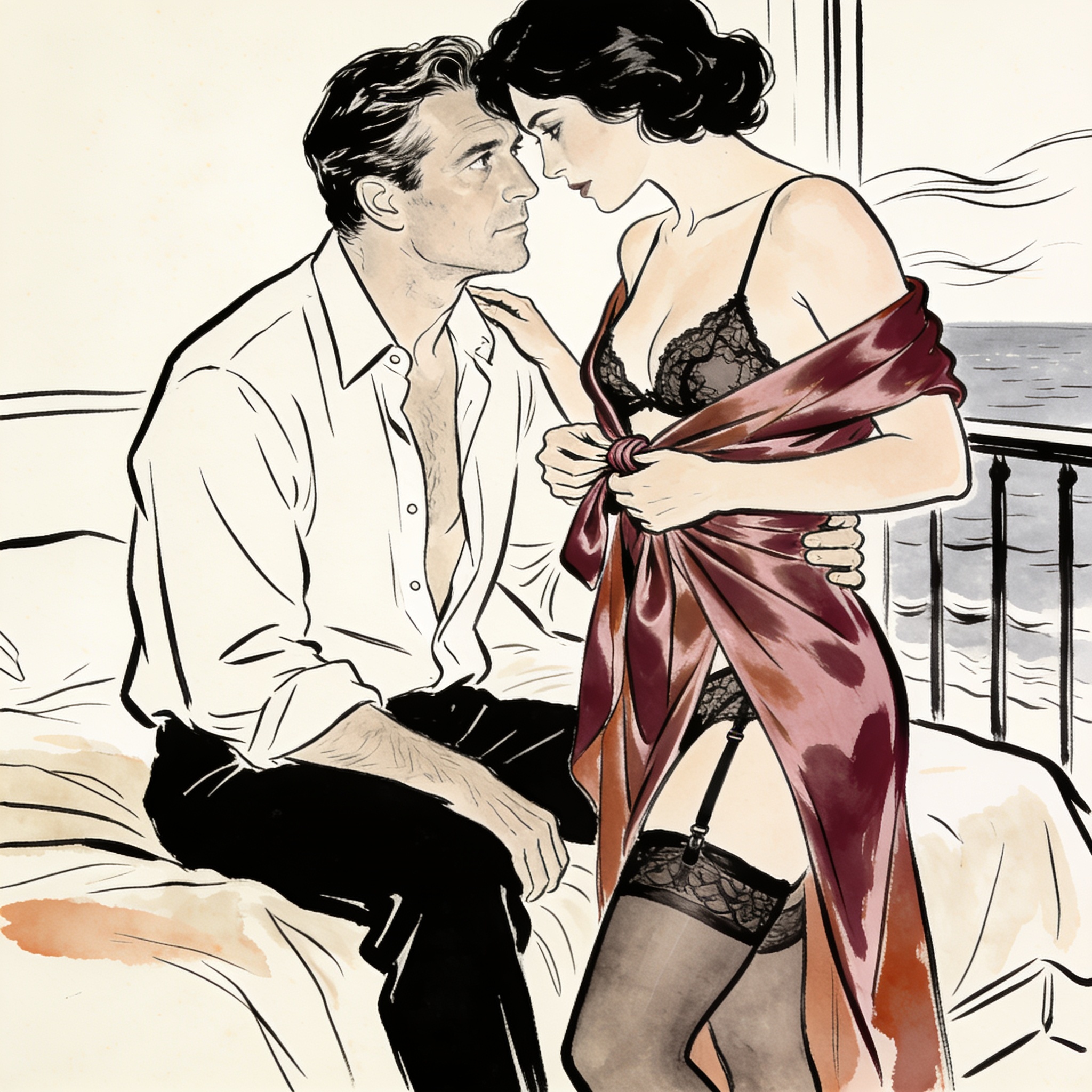 An intimate line art of a couple in a hotel room, charged with silent desire and touch.