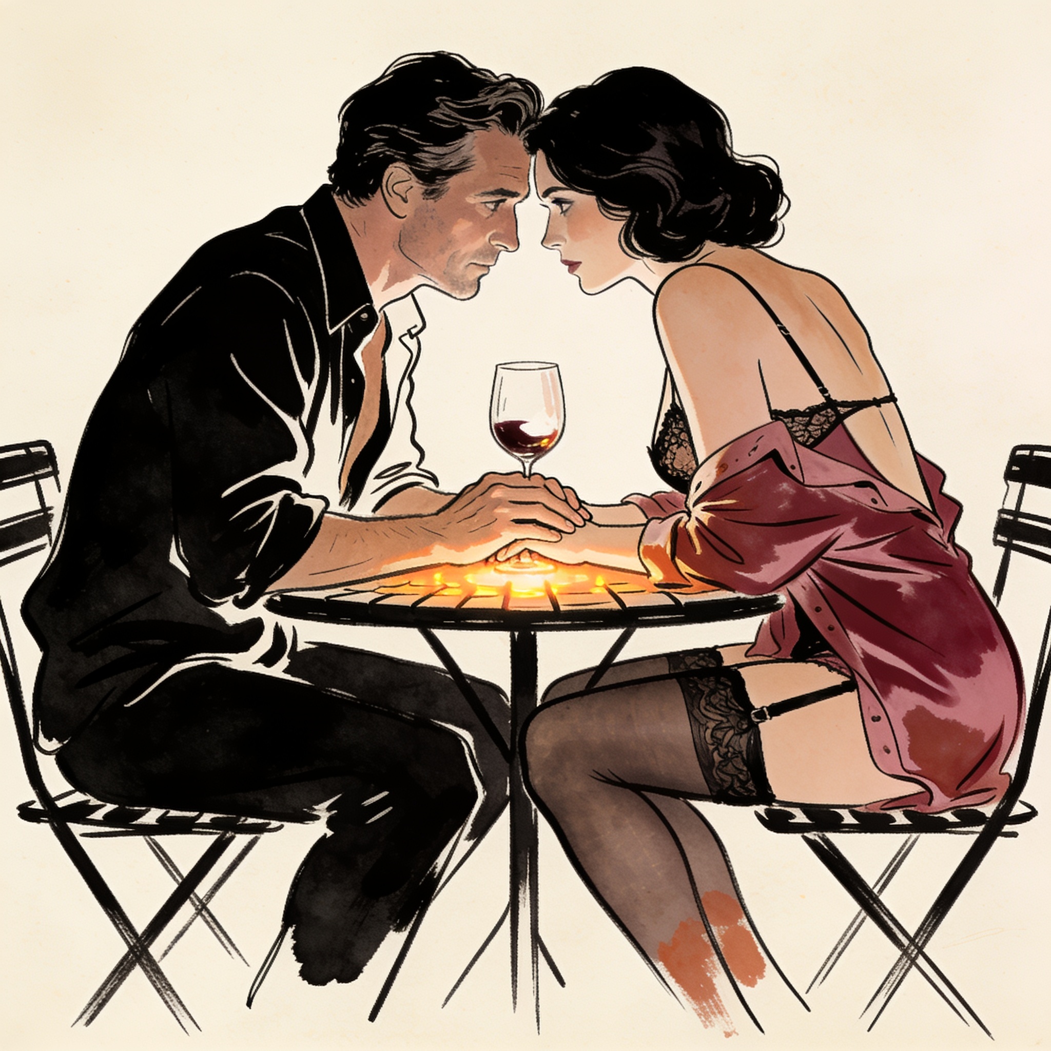 A line drawing of a couple sharing an intense look across a candlelit table, hands touc...