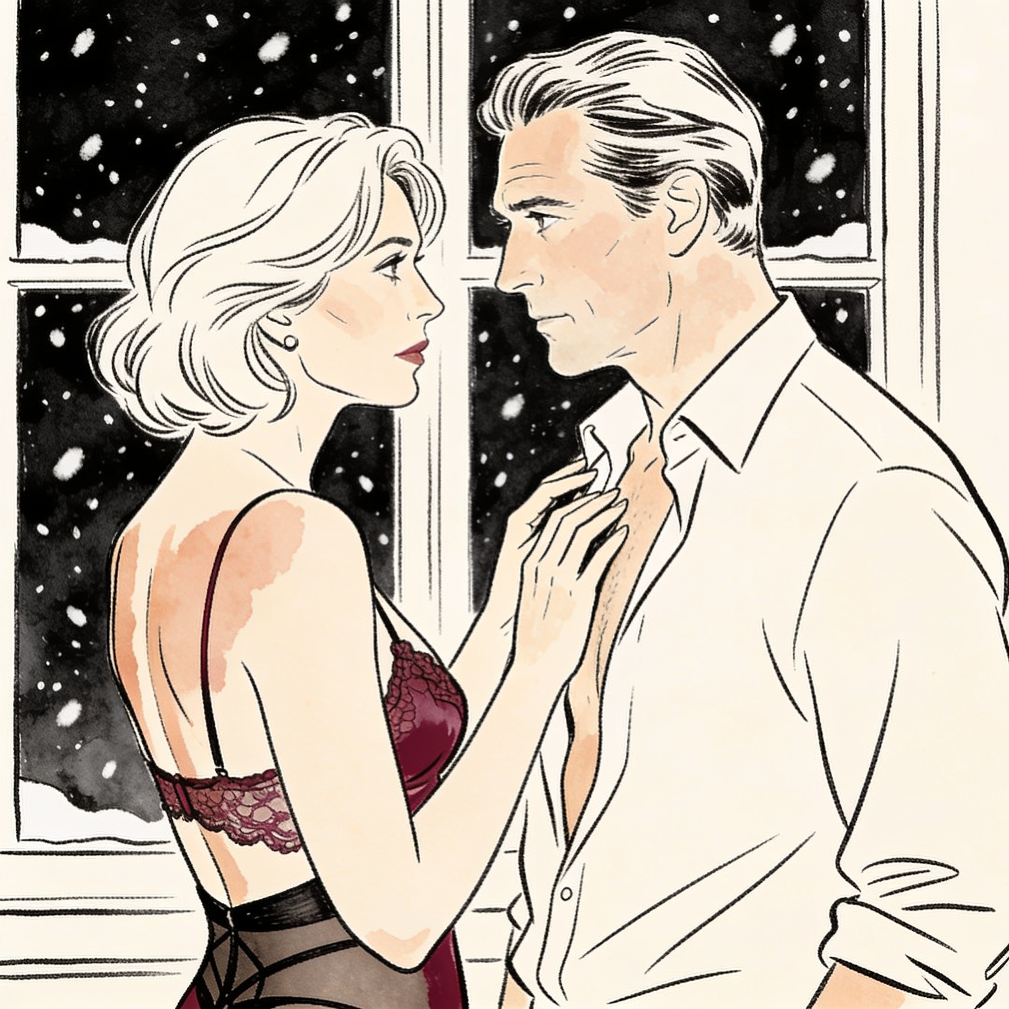 Woman touches man's unbuttoned shirt, intense gaze in a snowy cabin window.
