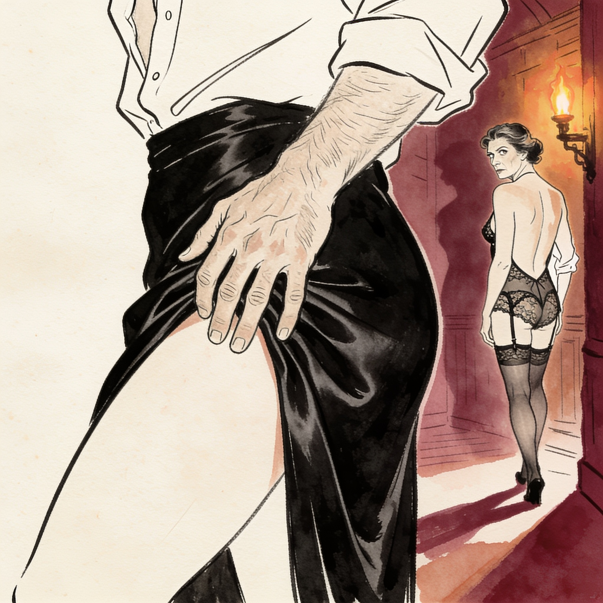 A woman in a dark silk gown and a man share a charged look, his hand on her thigh.