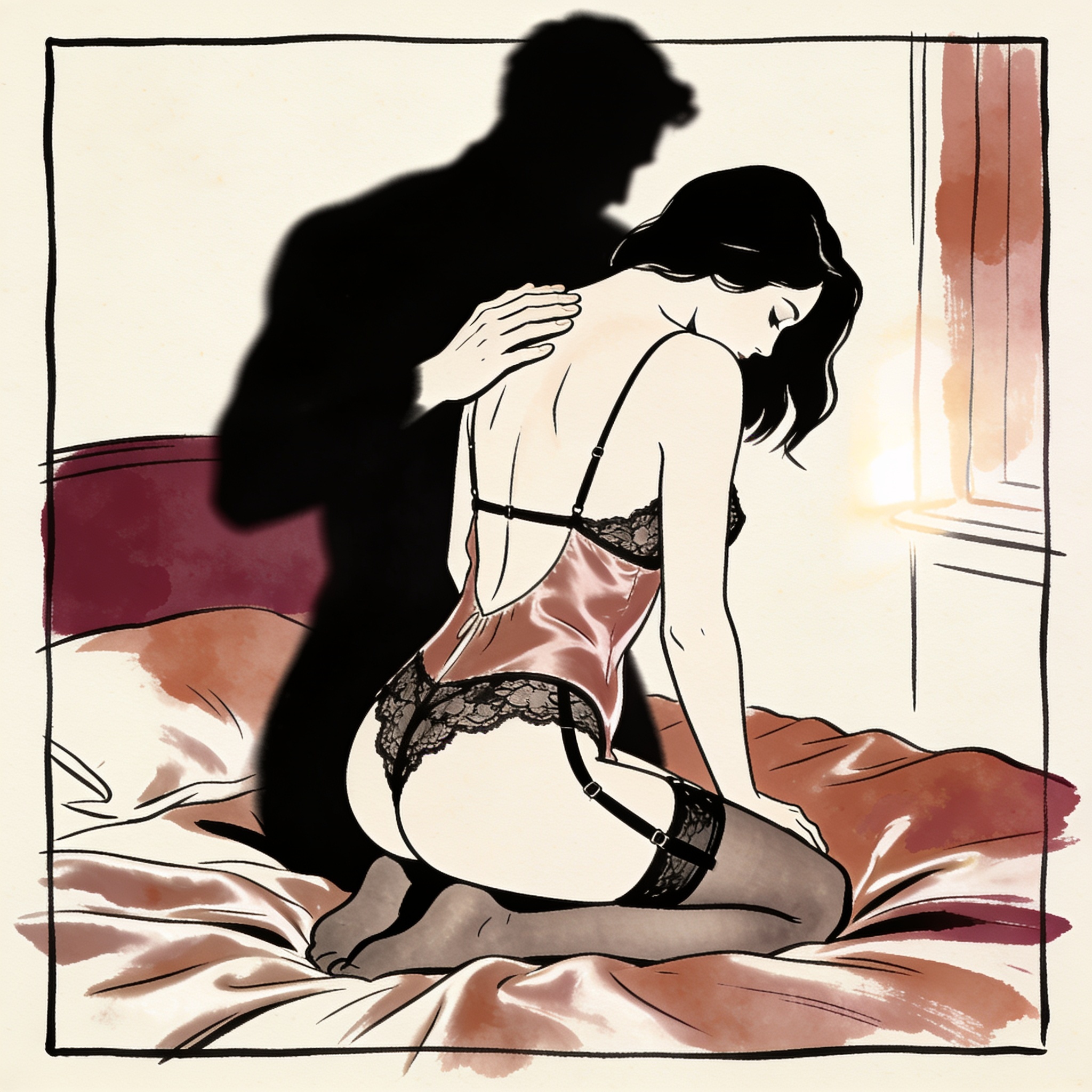 Woman in lace kneeling as man's hand touches her shoulder in softly lit bedroom.
