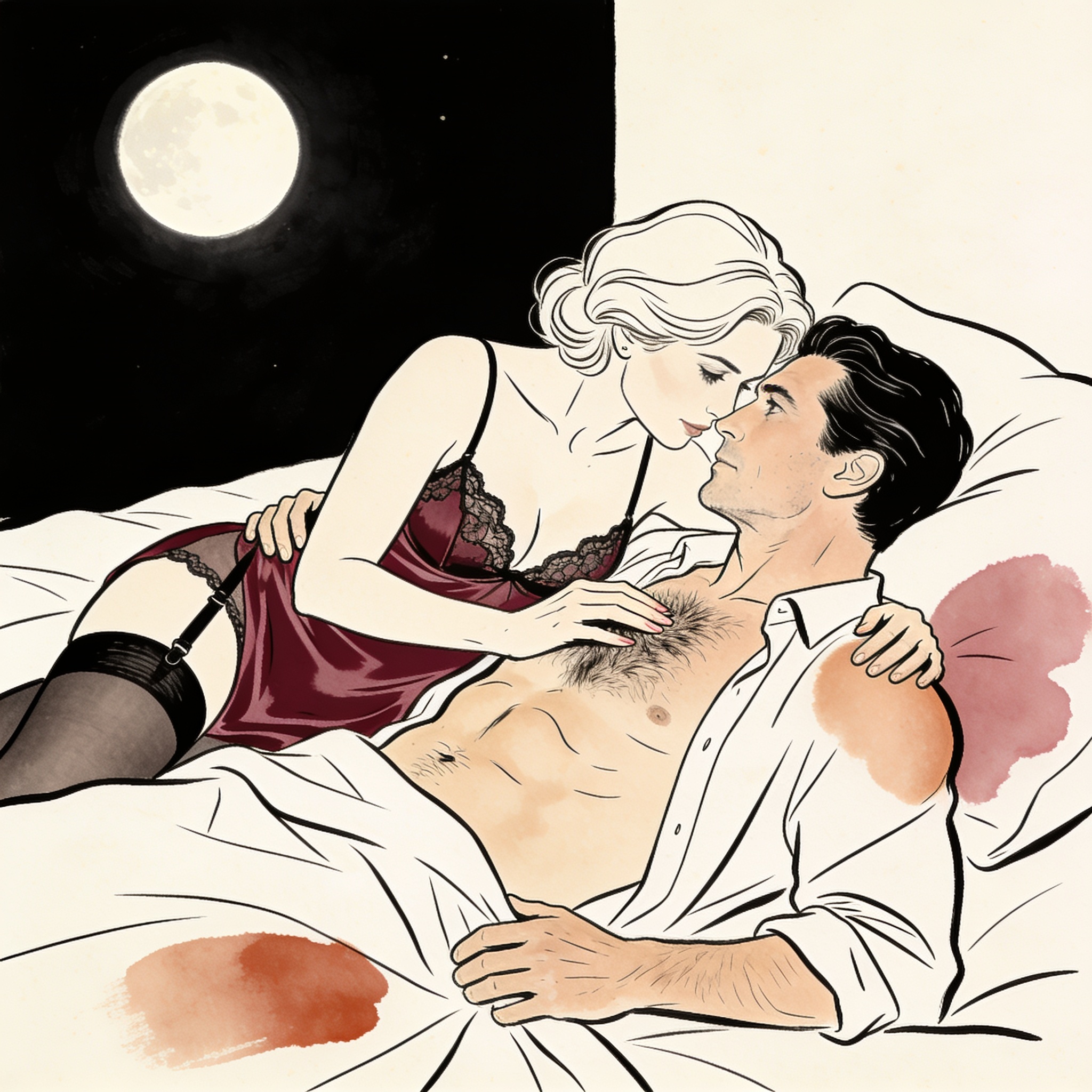 A couple’s intimate moment: her hand traces his chest, their eyes meet in the dark.