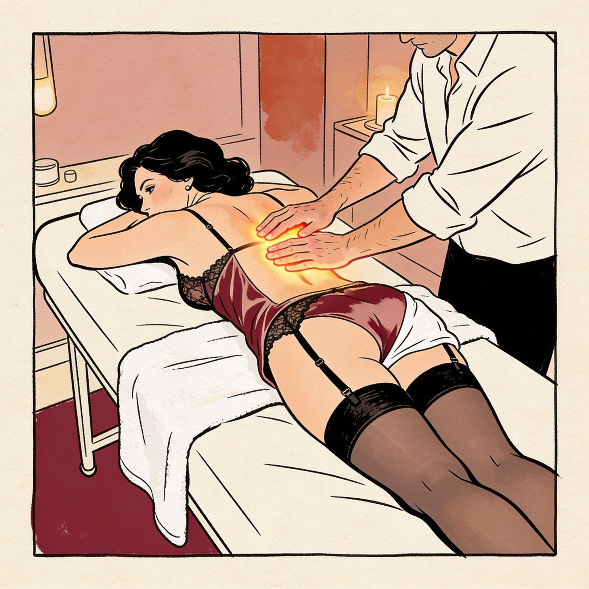 A hand hovers near a woman's bare back on a massage table, charged with anticipation.