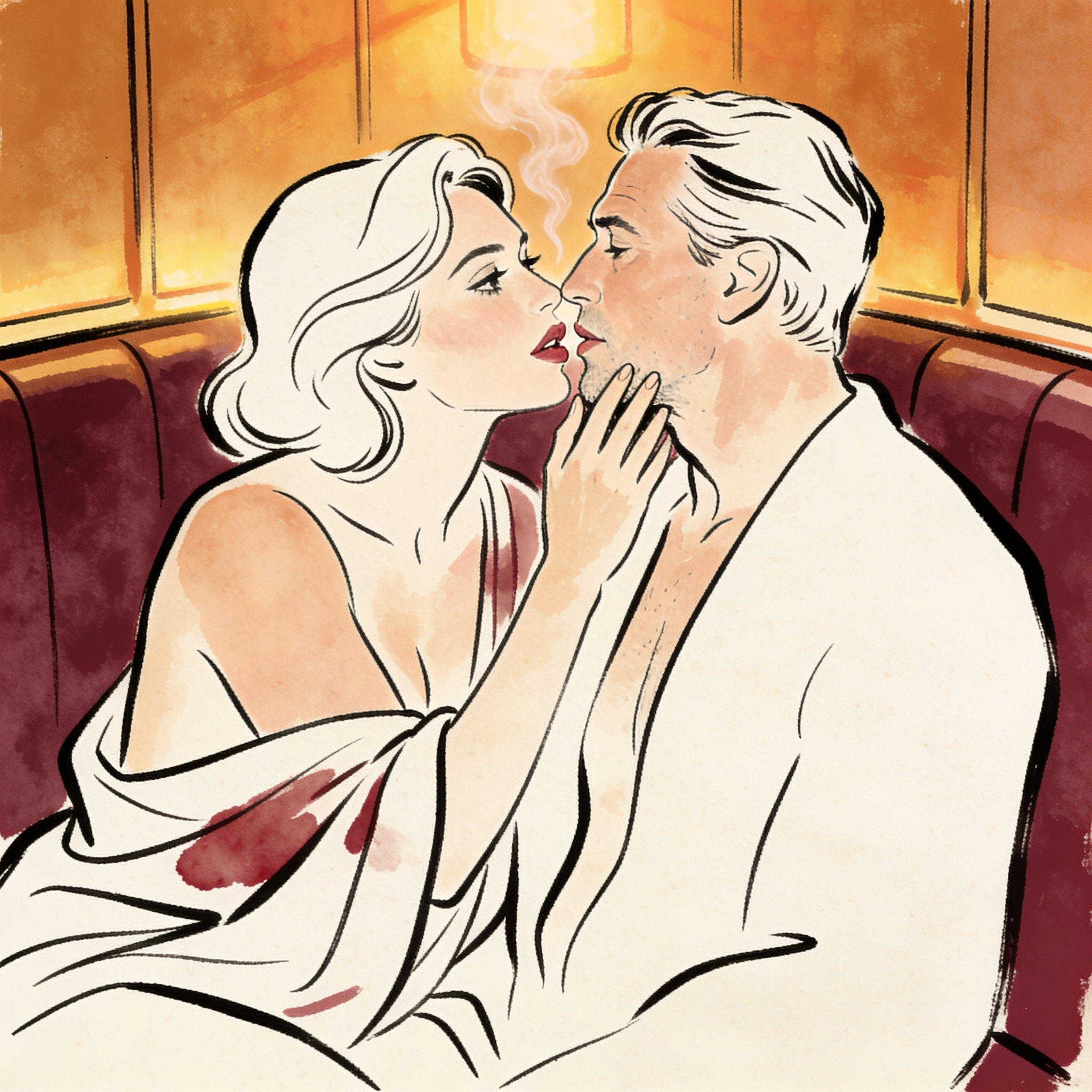 Couple in an intimate booth, foreheads touching, her hand on his face.