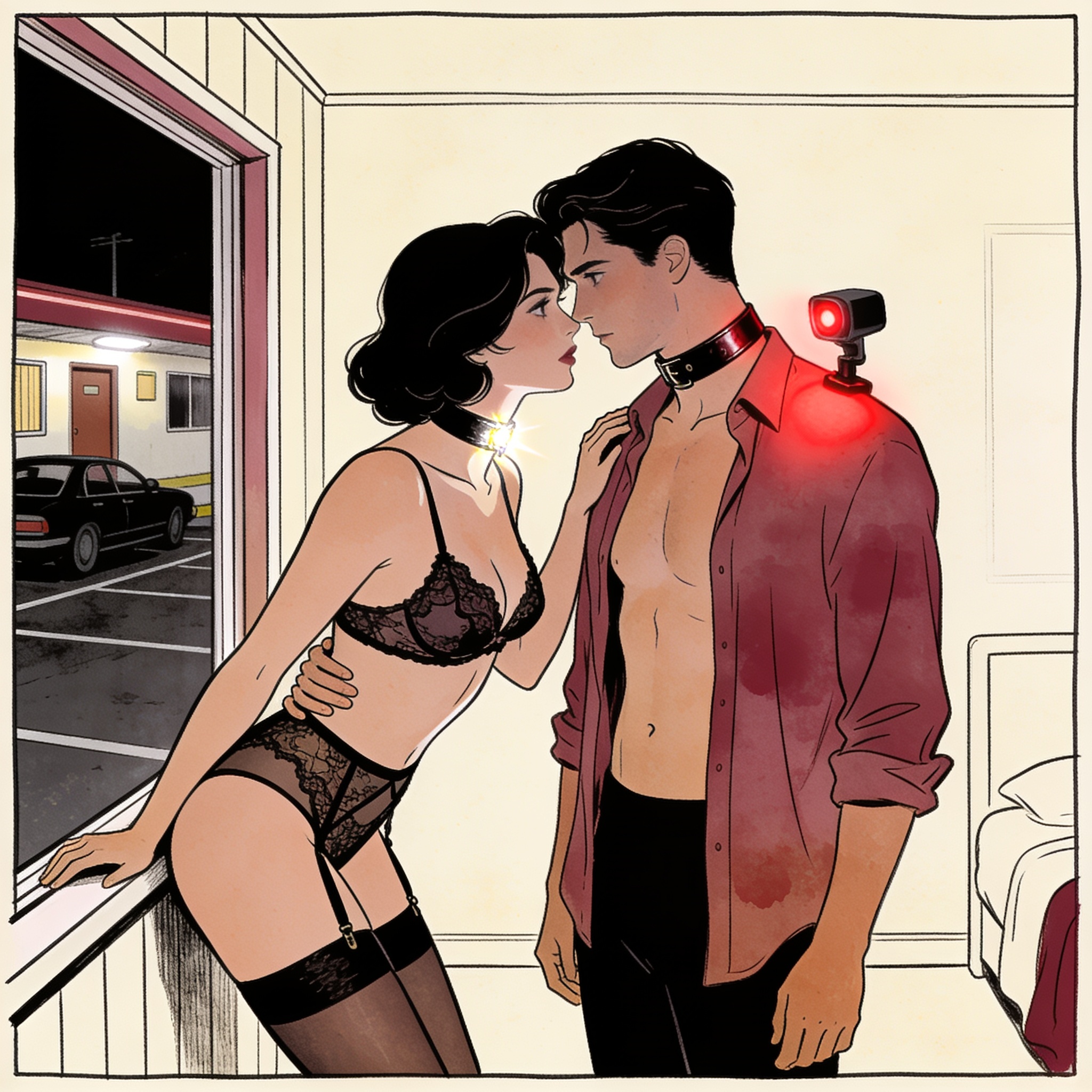 Woman by window watches her collared partner, a webcam's red light glowing on him.