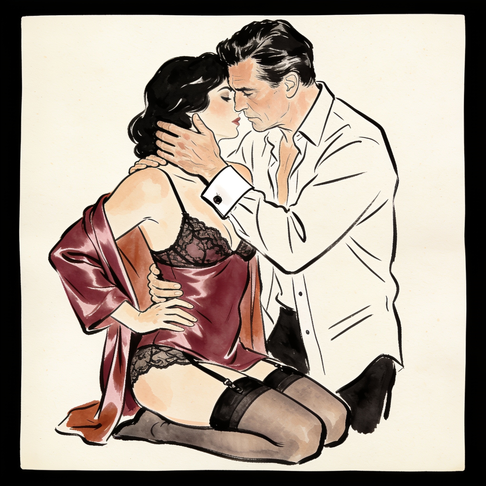 Line art of a tense, intimate moment of restrained desire between a man and woman in a ...