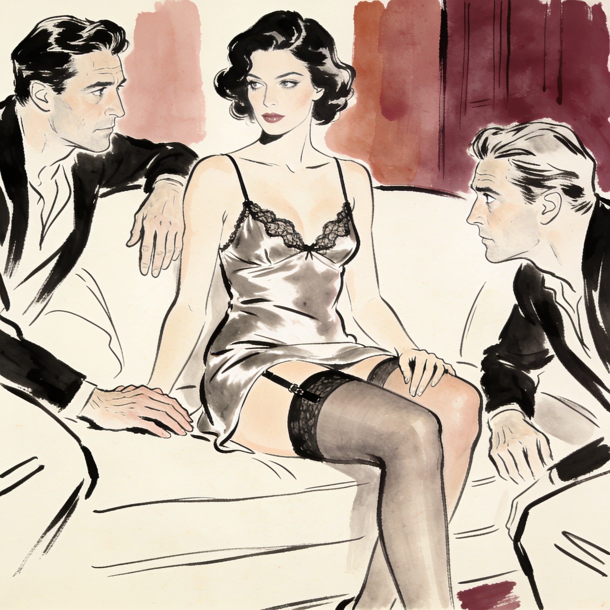 Line art: a tense, sensual moment between three people in a dimly lit modern living room.