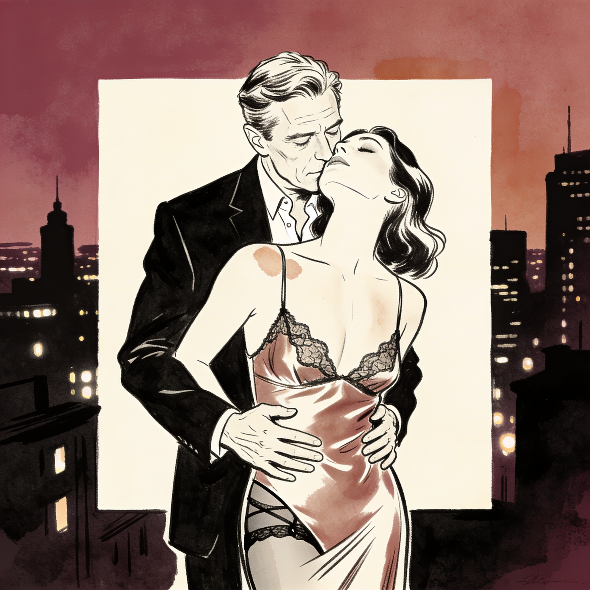 A couple's silhouetted embrace against a cityscape at night.