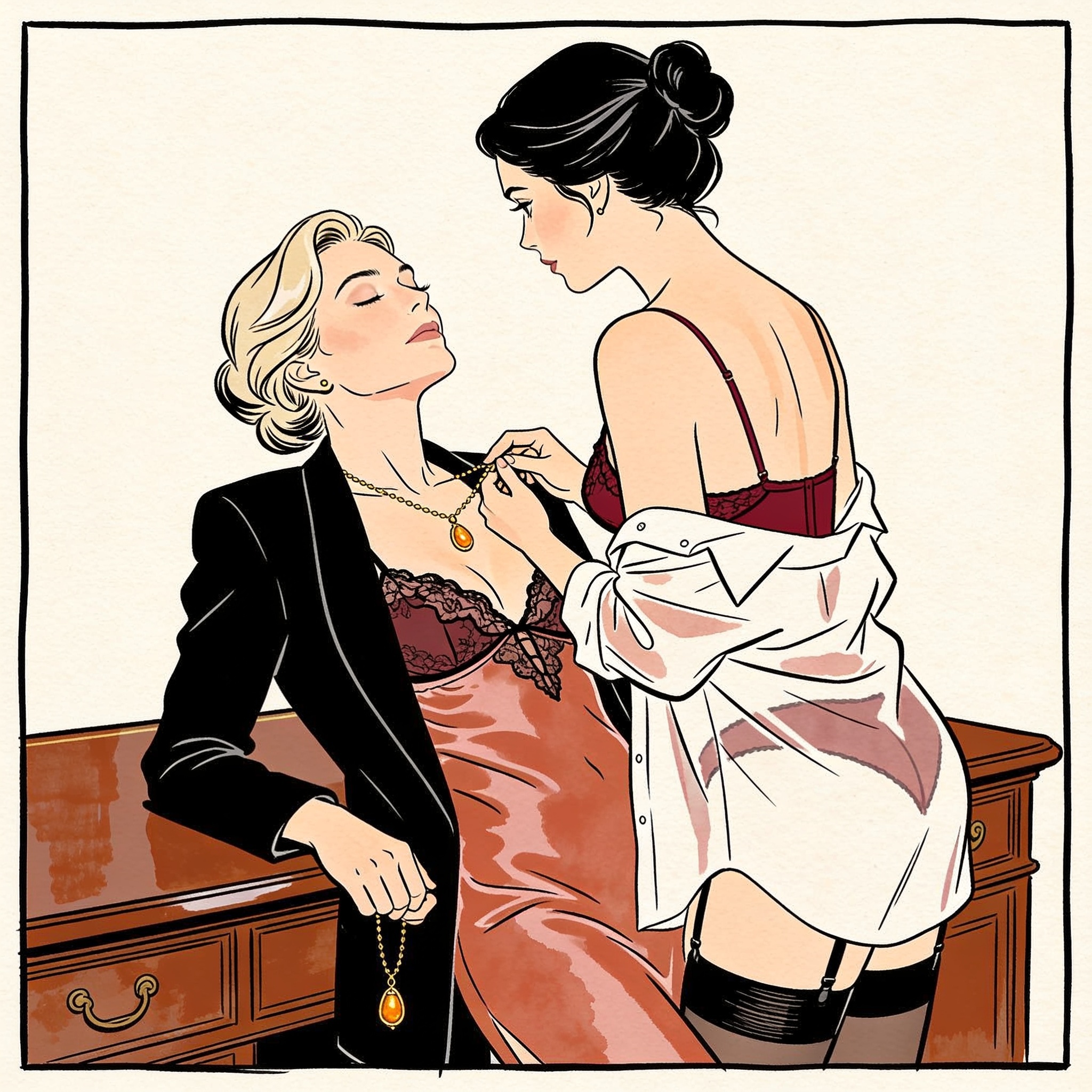 Two women in an office, one touching an amulet chain held by the other, intimate gaze.