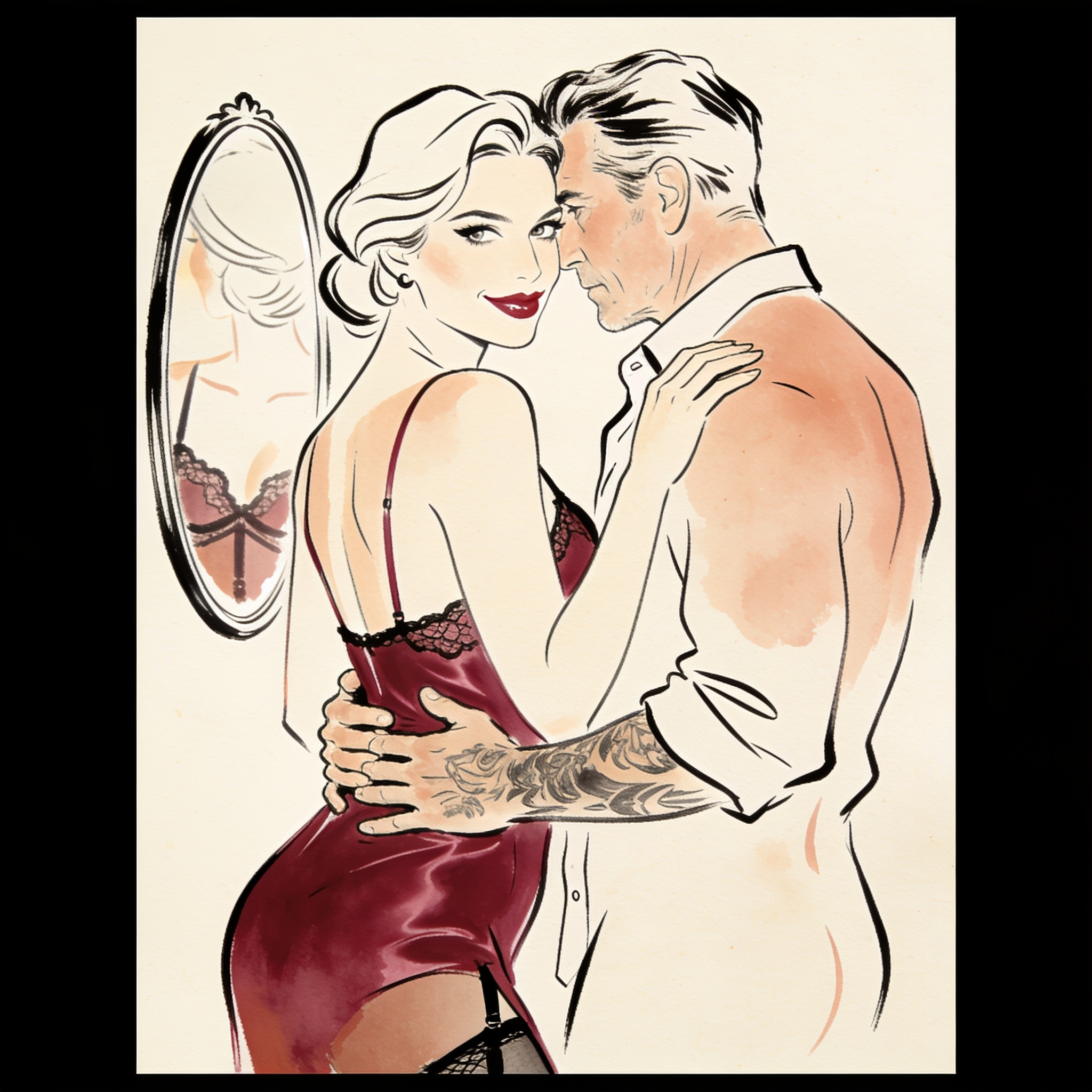 A man holds a woman from behind; she smiles in a mirror, wearing a tight red dress.