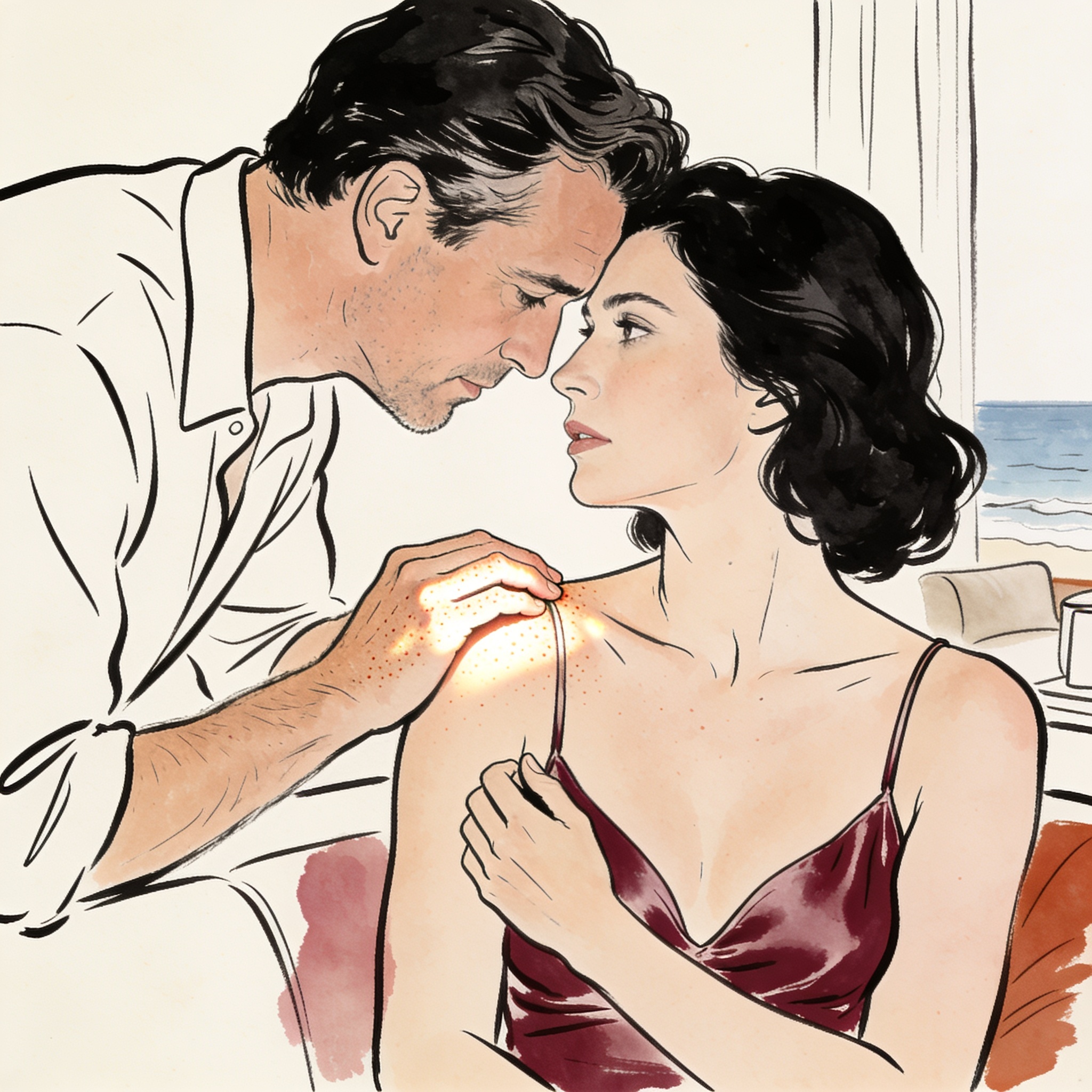 Close-up of a man's hand tracing a woman's shoulder, their faces close in a sunlit room.