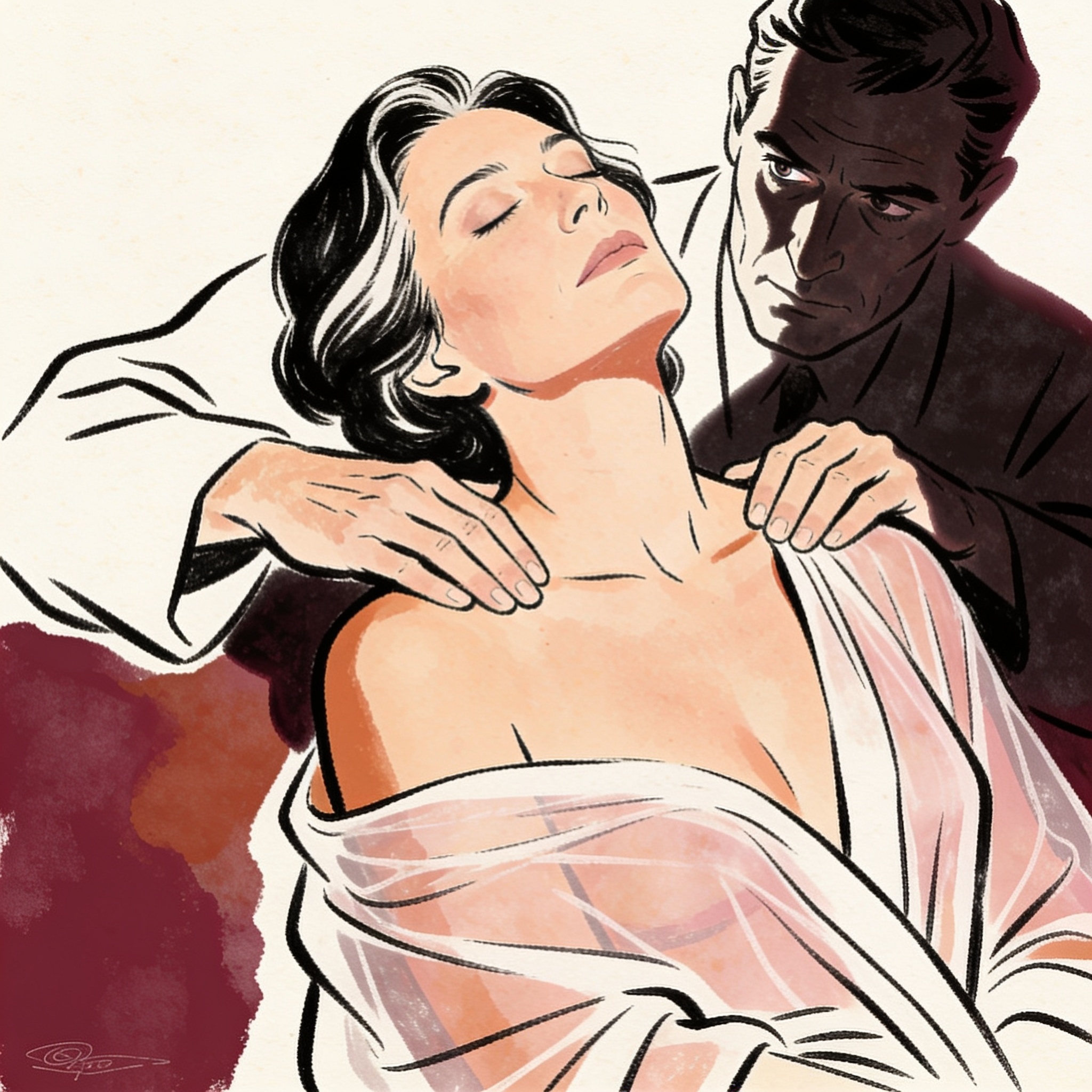 Woman receiving a massage, cover-up slipping off her shoulder, a man watches intently f...