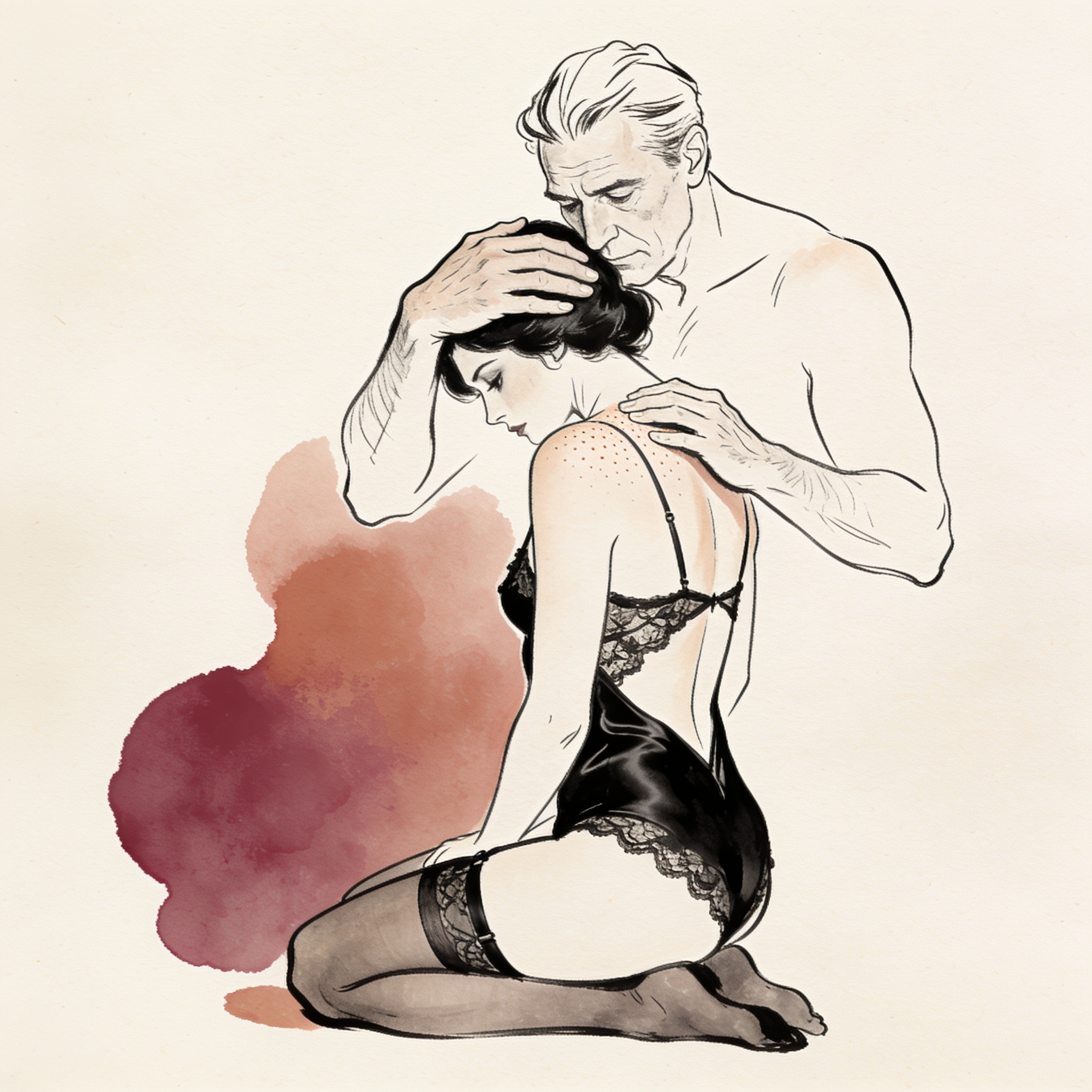 Line art of a man's hand on a kneeling woman's head in lingerie, intimate and charged.