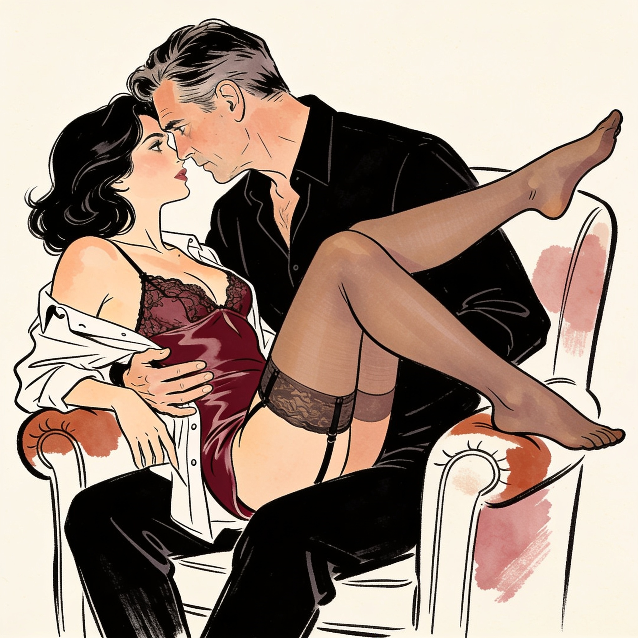 A woman arches in a chair, feet splayed in pantyhose, while a man watches intently from...