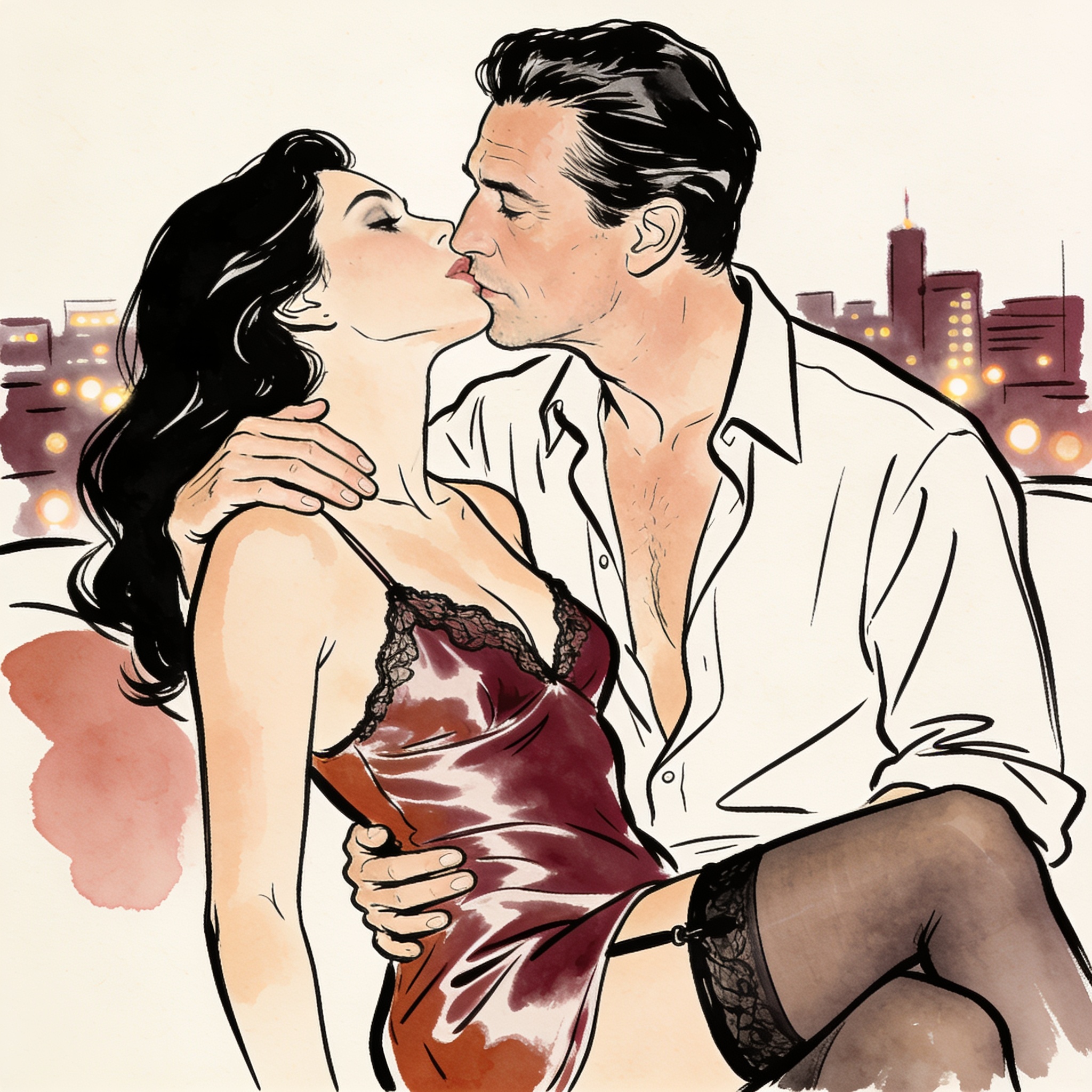 Illustration of a couple in an intimate, charged embrace by a city window.