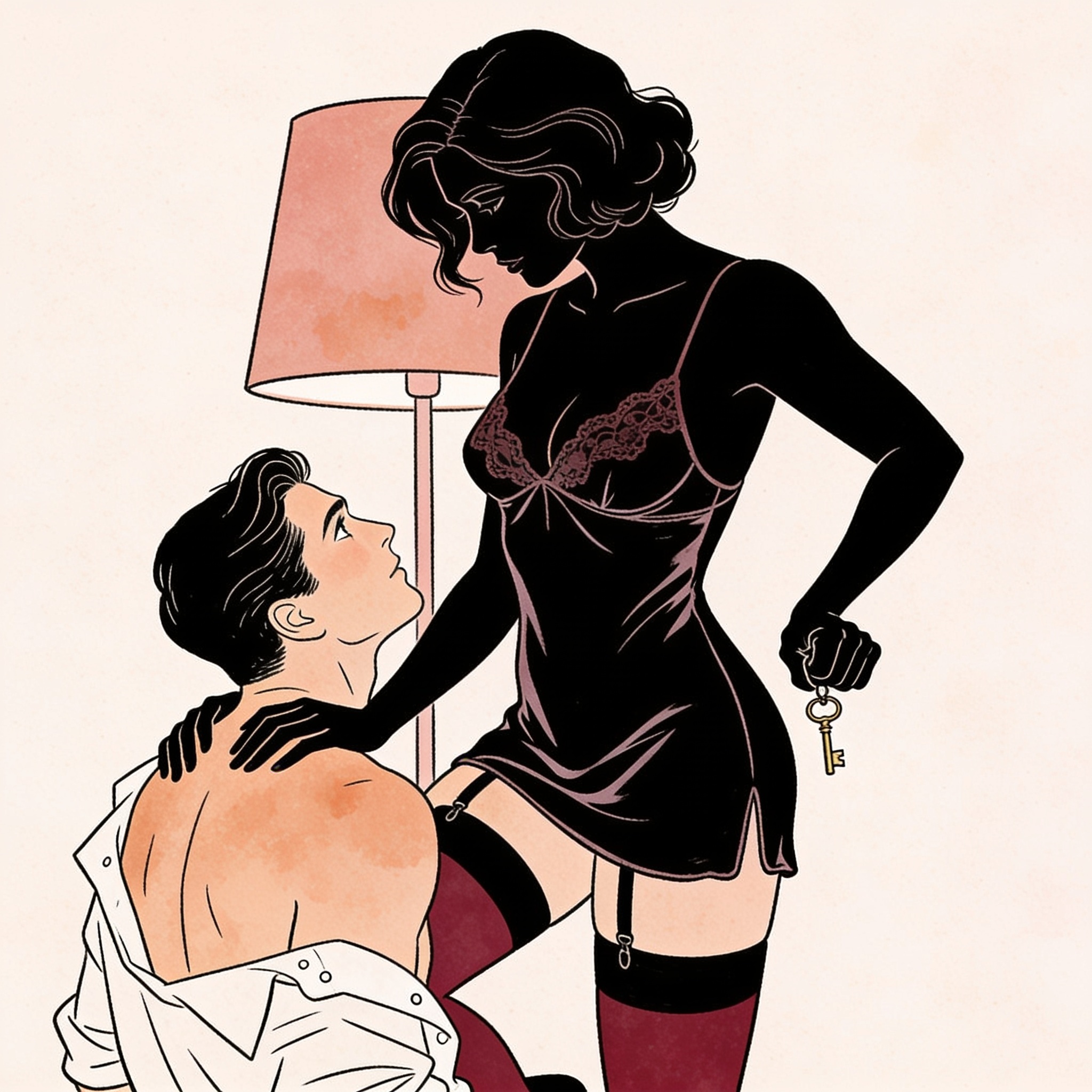 Silhouetted woman holds a key while her kneeling partner looks up, their gaze intense.