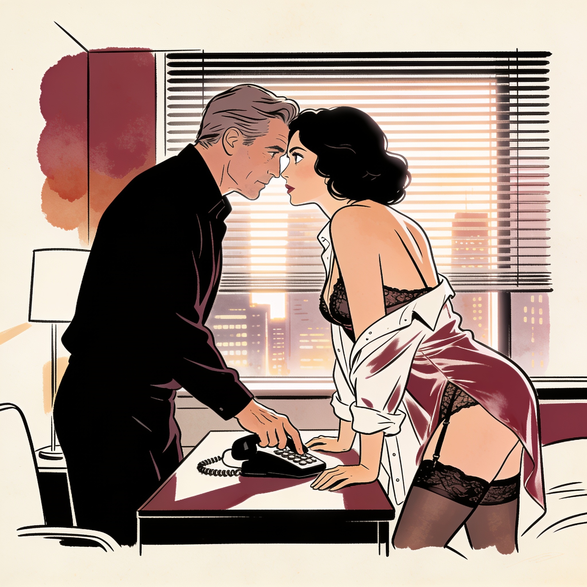 Line art of a couple in a sleek hotel, their charged gaze and his hand reaching for a p...