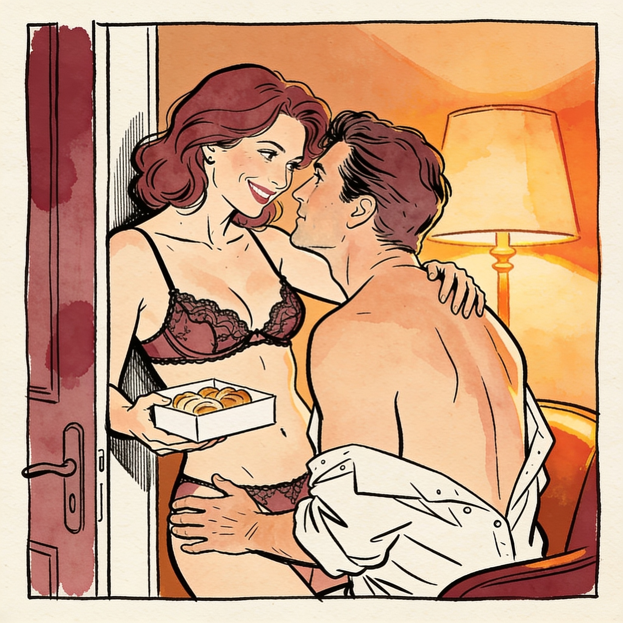 Woman in lace lingerie offers a teasing smile to a man in a dimly lit room.