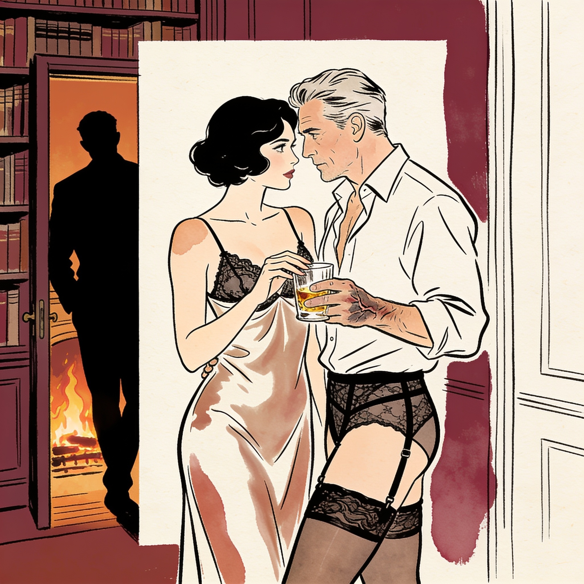 A man offers a drink to a woman in a slip; a third person watches from a doorway.