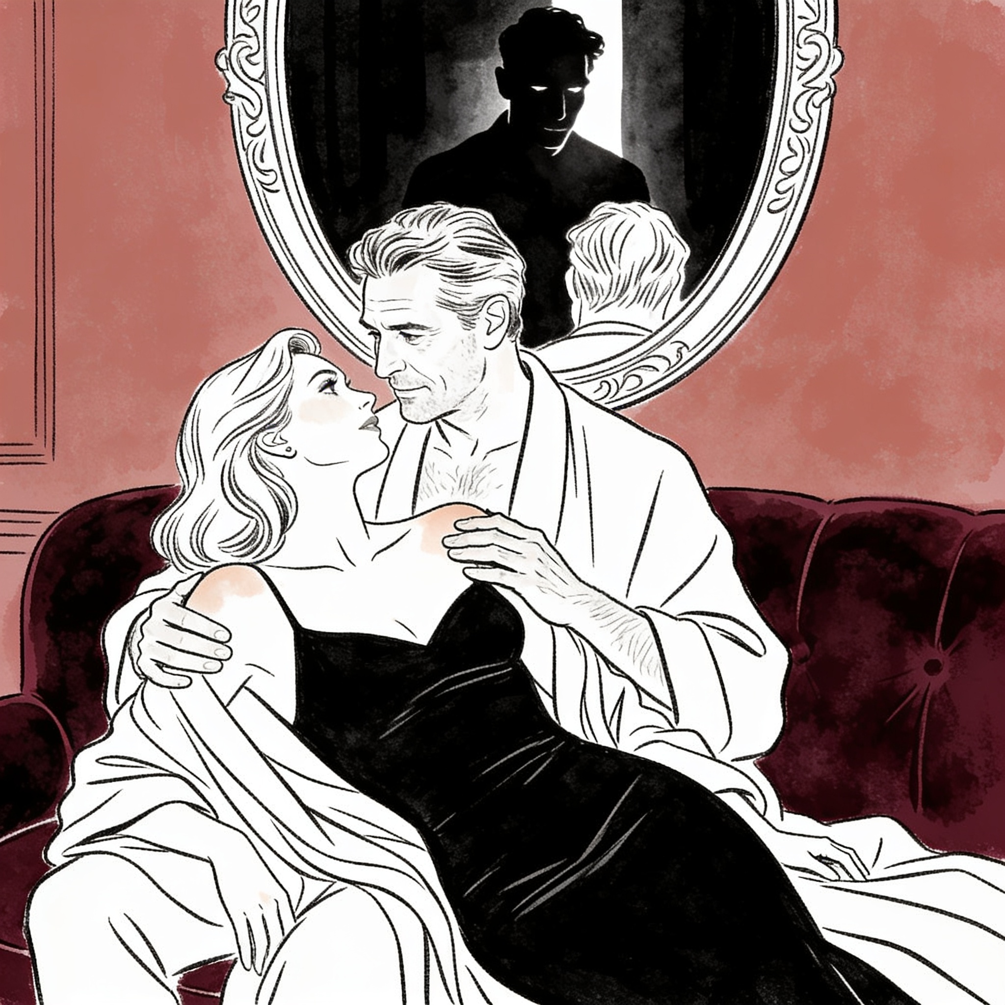 Couple embraced on a couch, a man watches their reflection in a mirror.