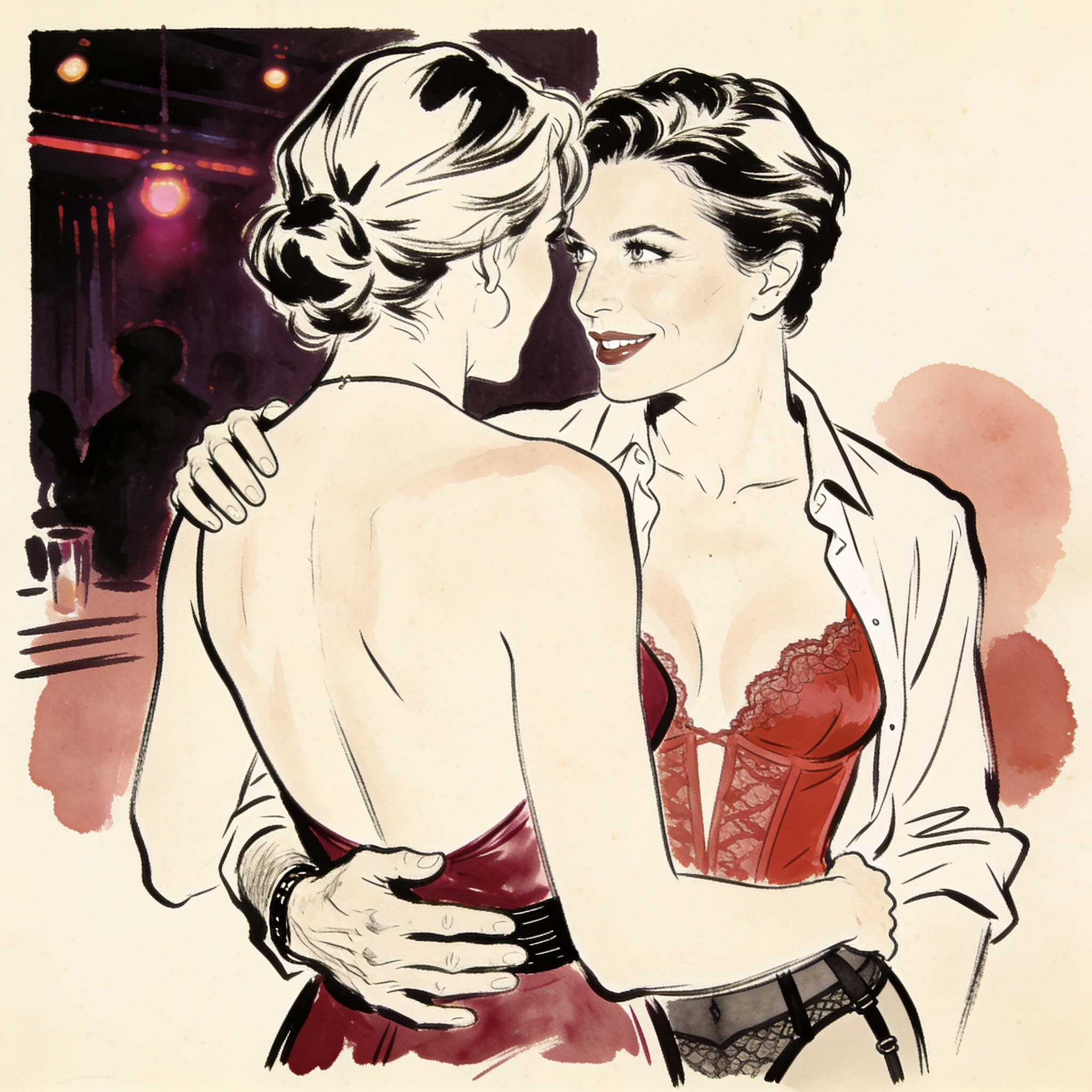 A couple at a club; her gaze meets a stranger's while her partner holds her close.