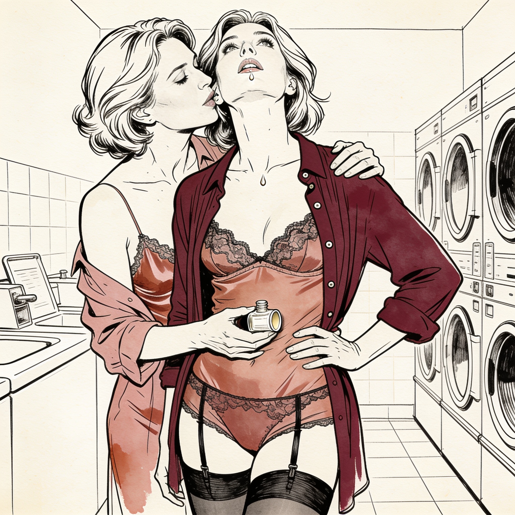 A woman holds another in a laundry room, a drop of liquid on her parted lips.