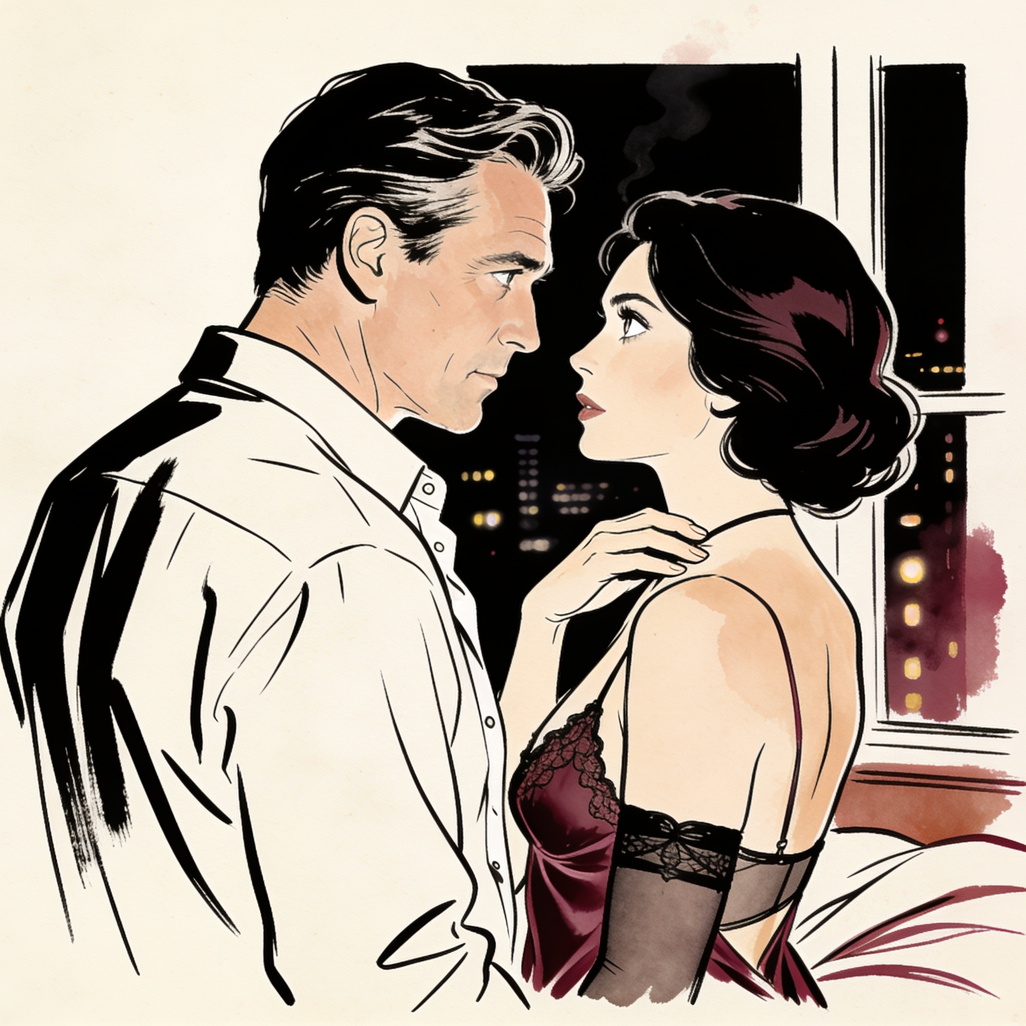 A man and woman lock eyes intensely, lit by city lights in a modern room.