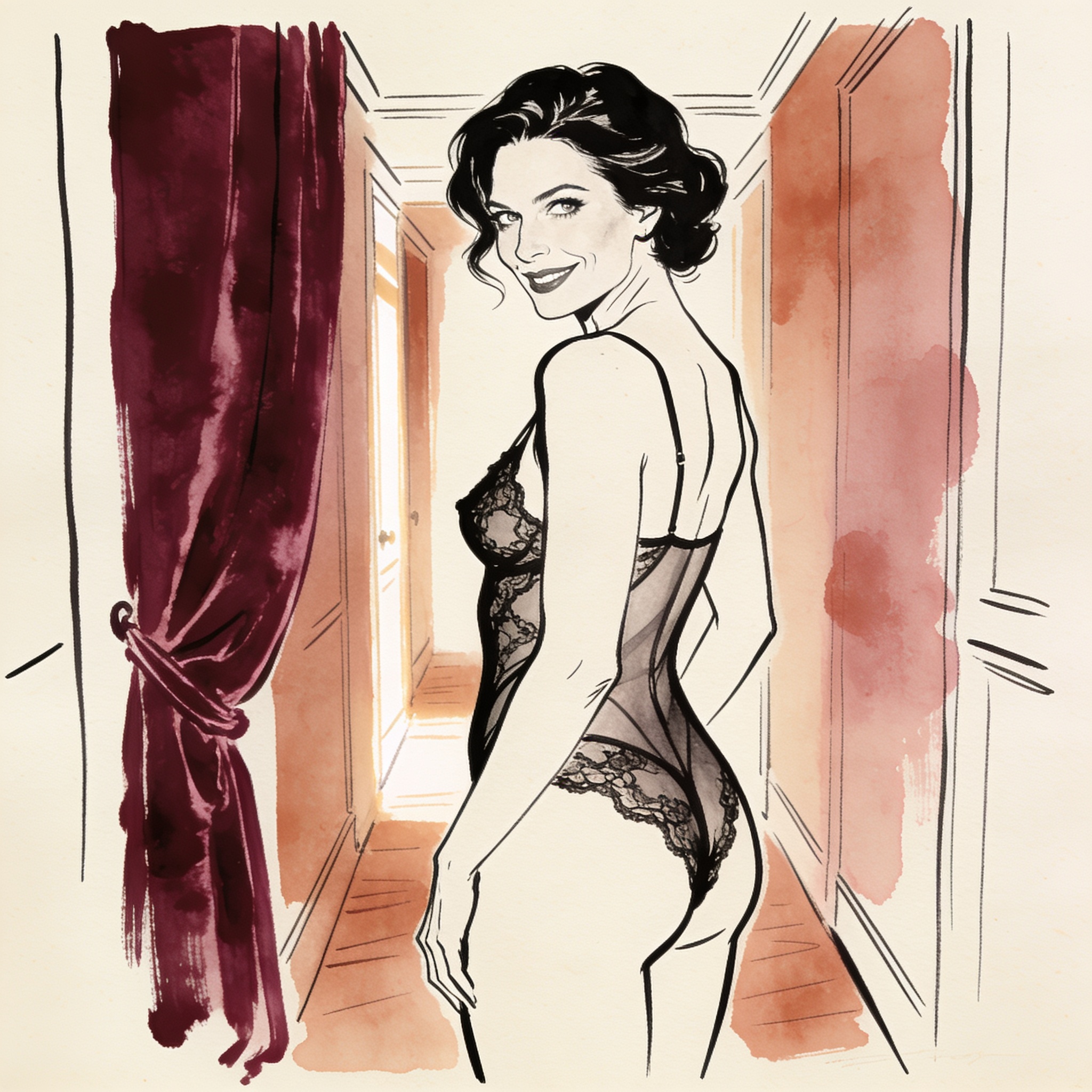 A person in a sheer lace bodysuit shares an intense, desiring gaze in a dim corridor.
