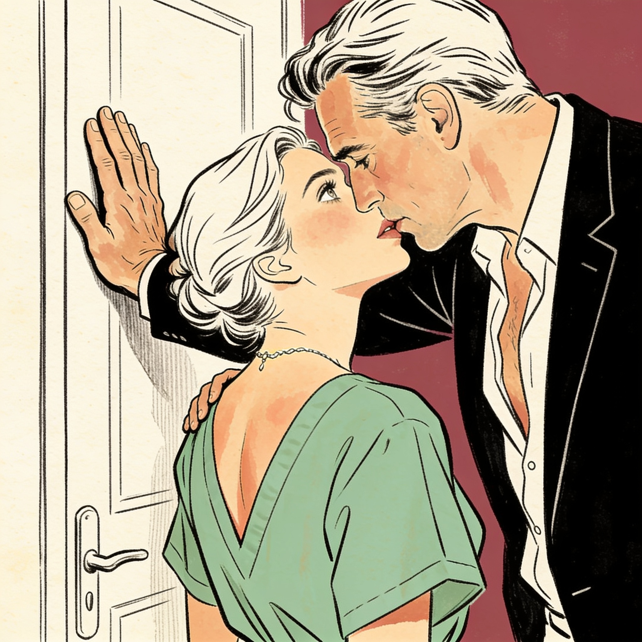 A man corners a nurse against her apartment door, his intense gaze inches from her face.