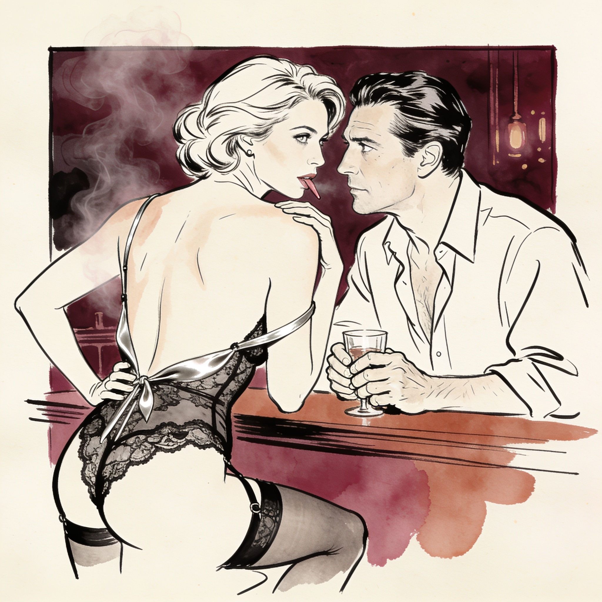 Woman in lace glances back, locking eyes with a man across a dark club.