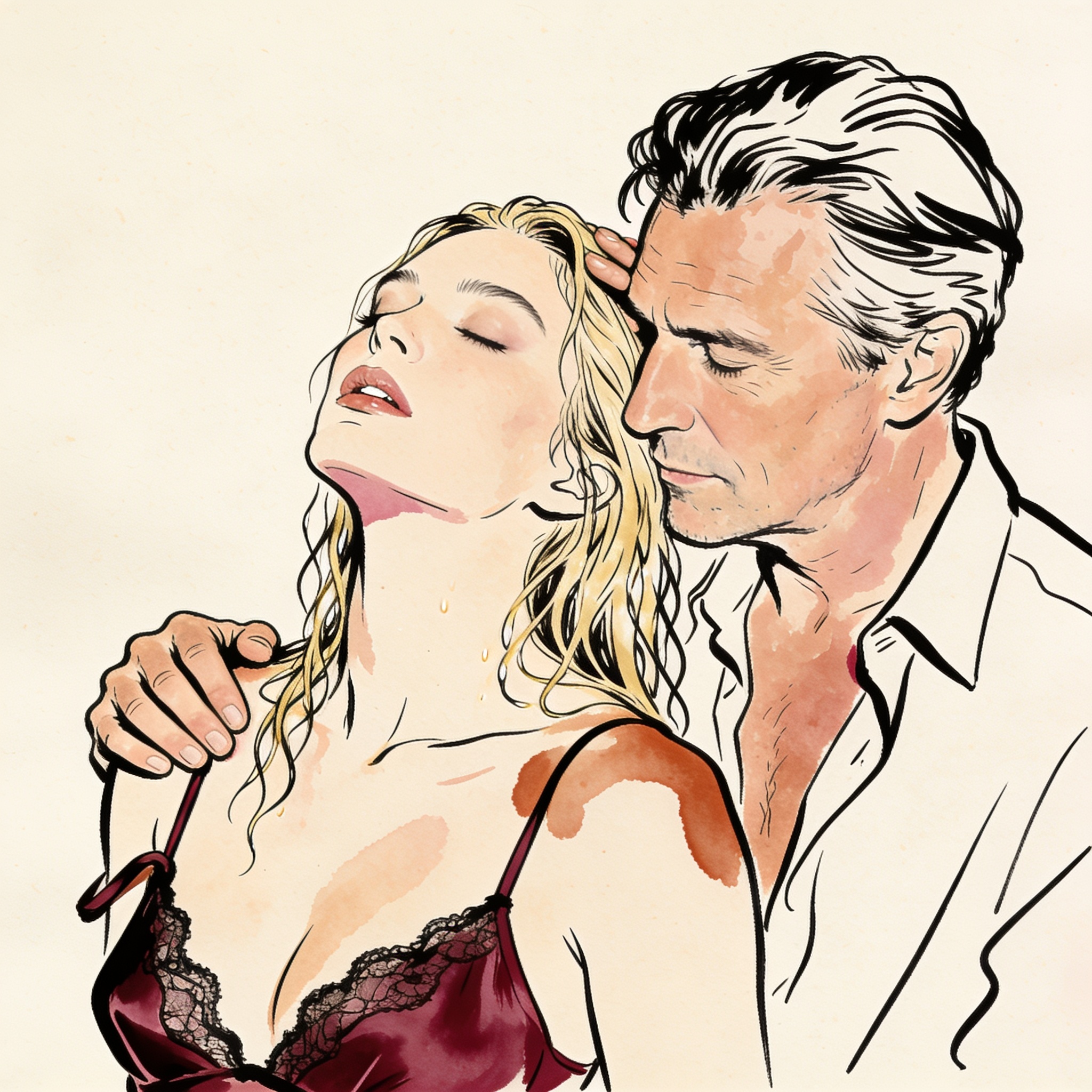 A man leans close to a woman in a lace slip, his hand on her shoulder, her wet hair cli...
