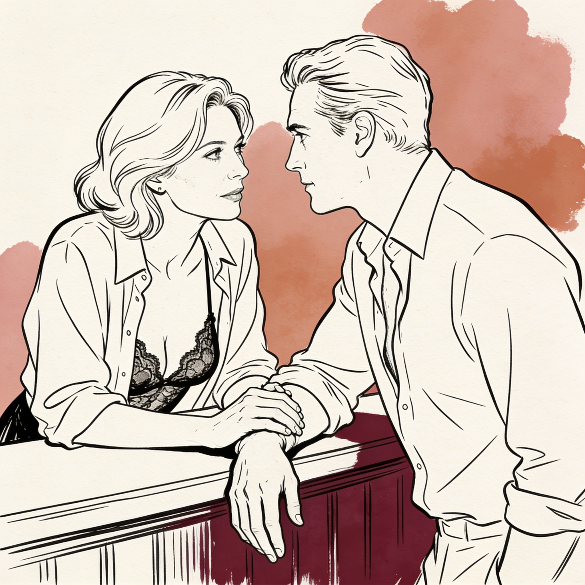 Two former lovers lean close in a dim bar, sharing a tense, intimate gaze.