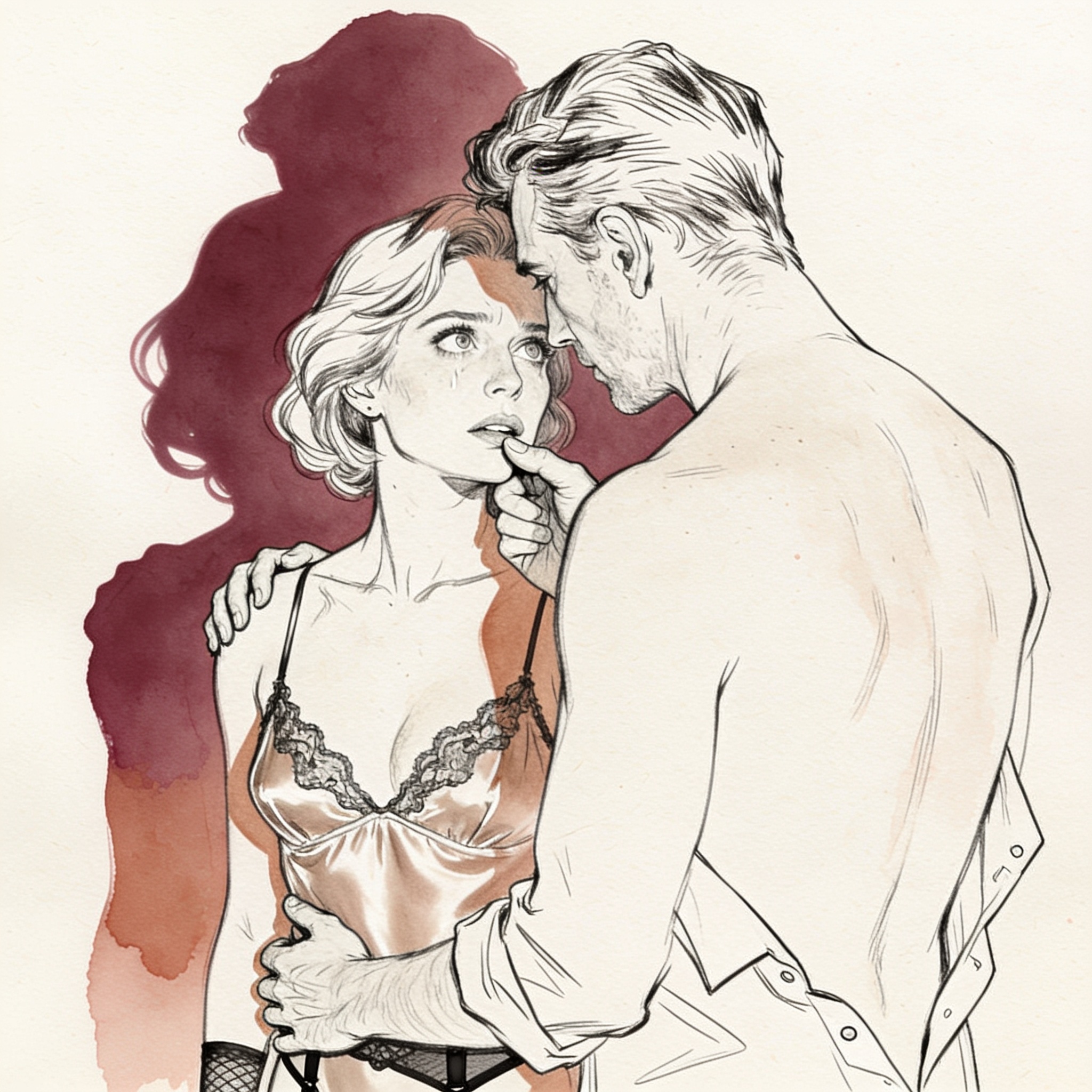 Line art of a man gently holding a woman's face in a dimly lit room, her eyes locked on...