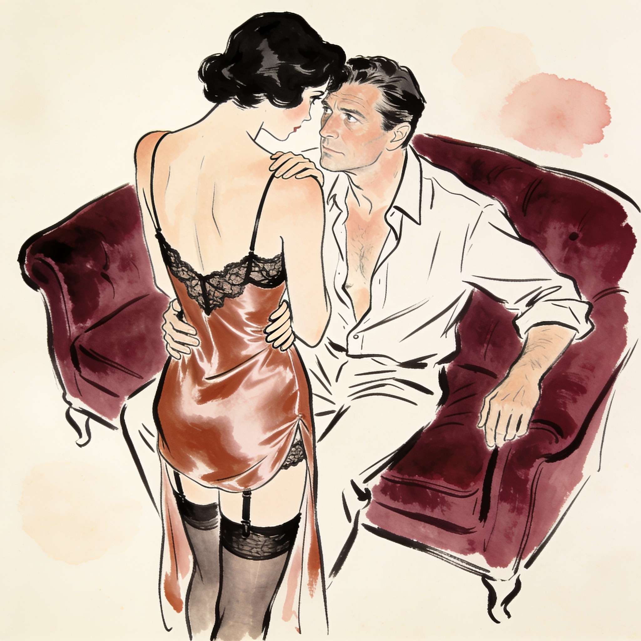 Woman in slip looks back at man on sofa, tension in their gaze.