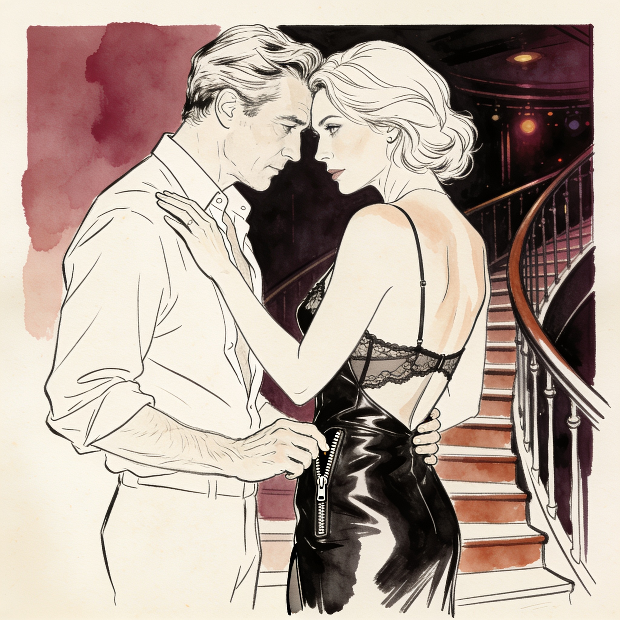 A woman guides a man's hand to unzip her leather dress on a staircase.