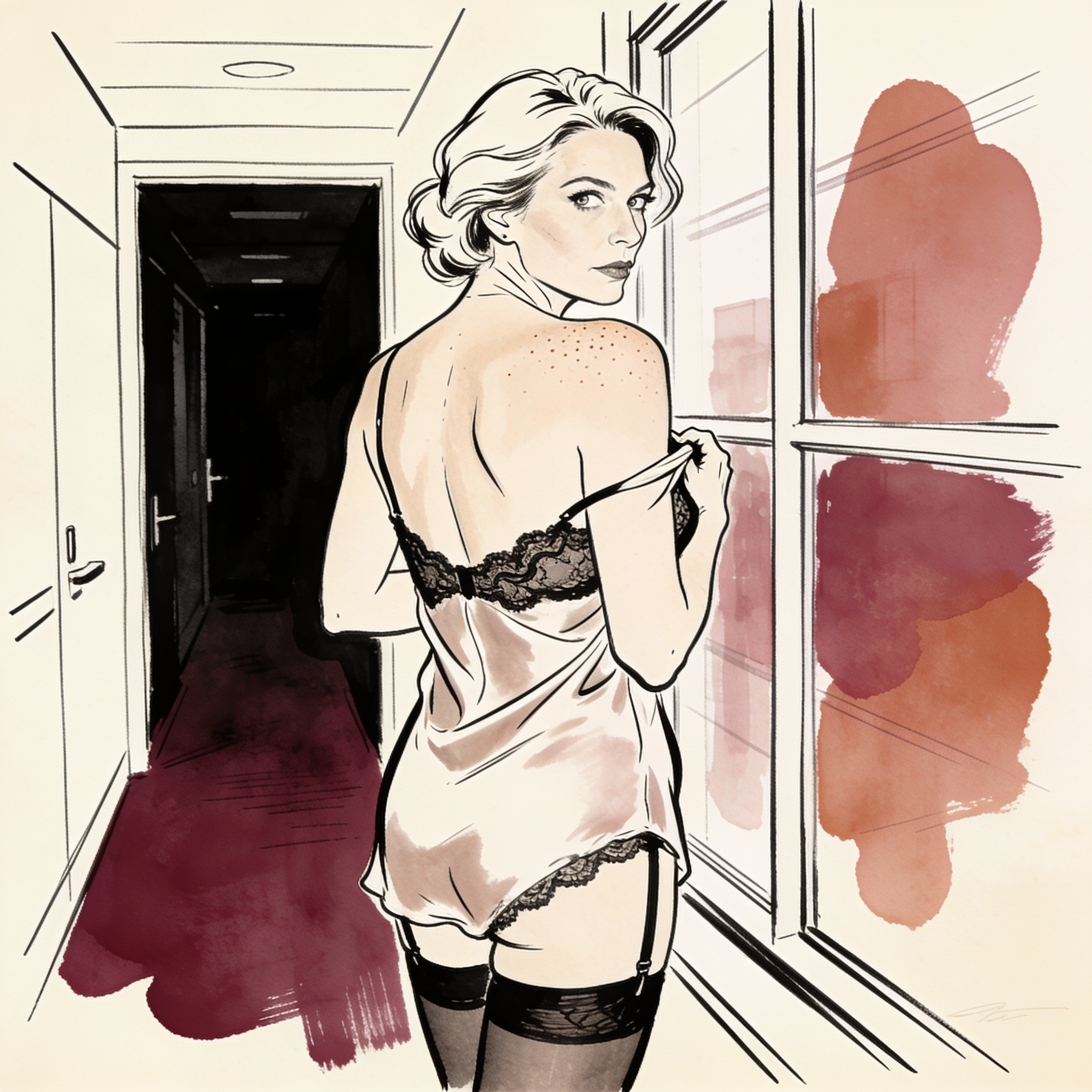 A woman bares her back by a lit window, gazing defiantly into a dark hallway.