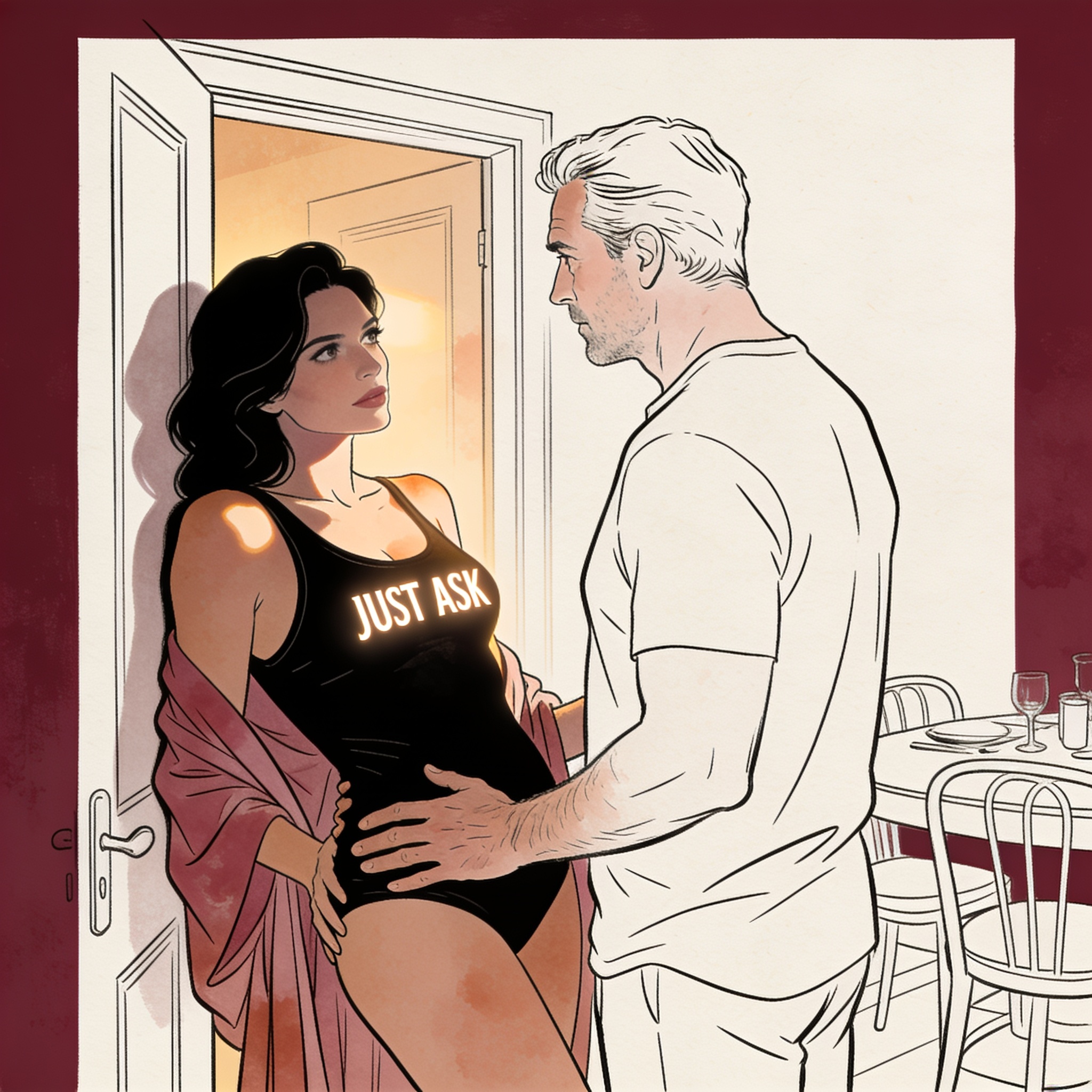 A woman stands between two men in a doorway, sharing a charged, knowing look with one.