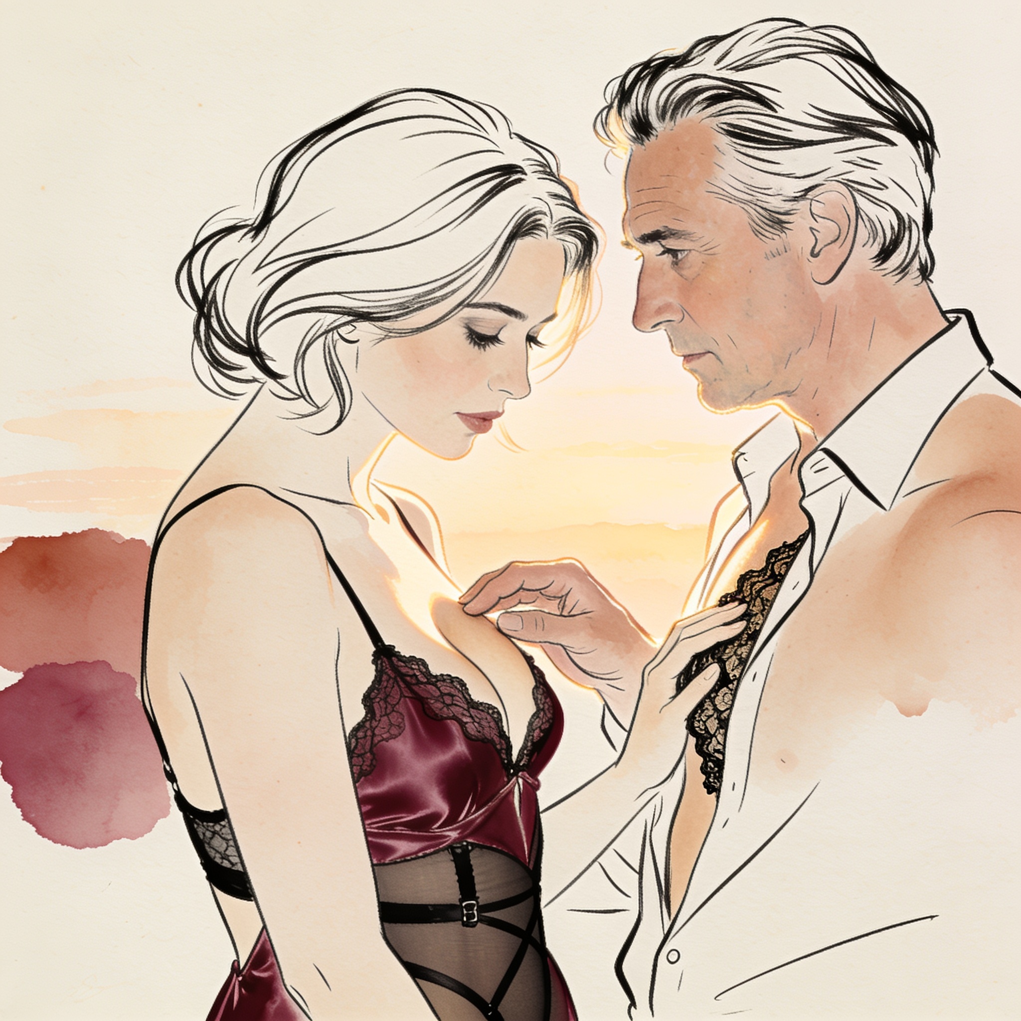 A couple in bed, one touches the other's silk-covered chest with a look of wonder.
