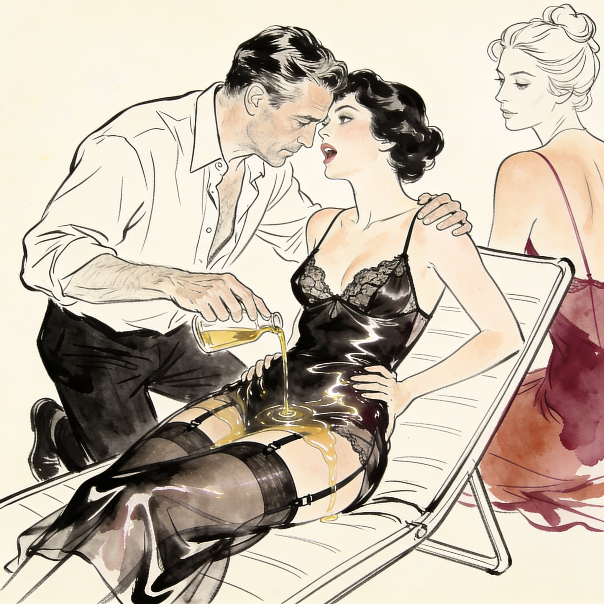 A man's hands spread oil on a woman's hips; her lingerie darkens, she arches in pleasure.