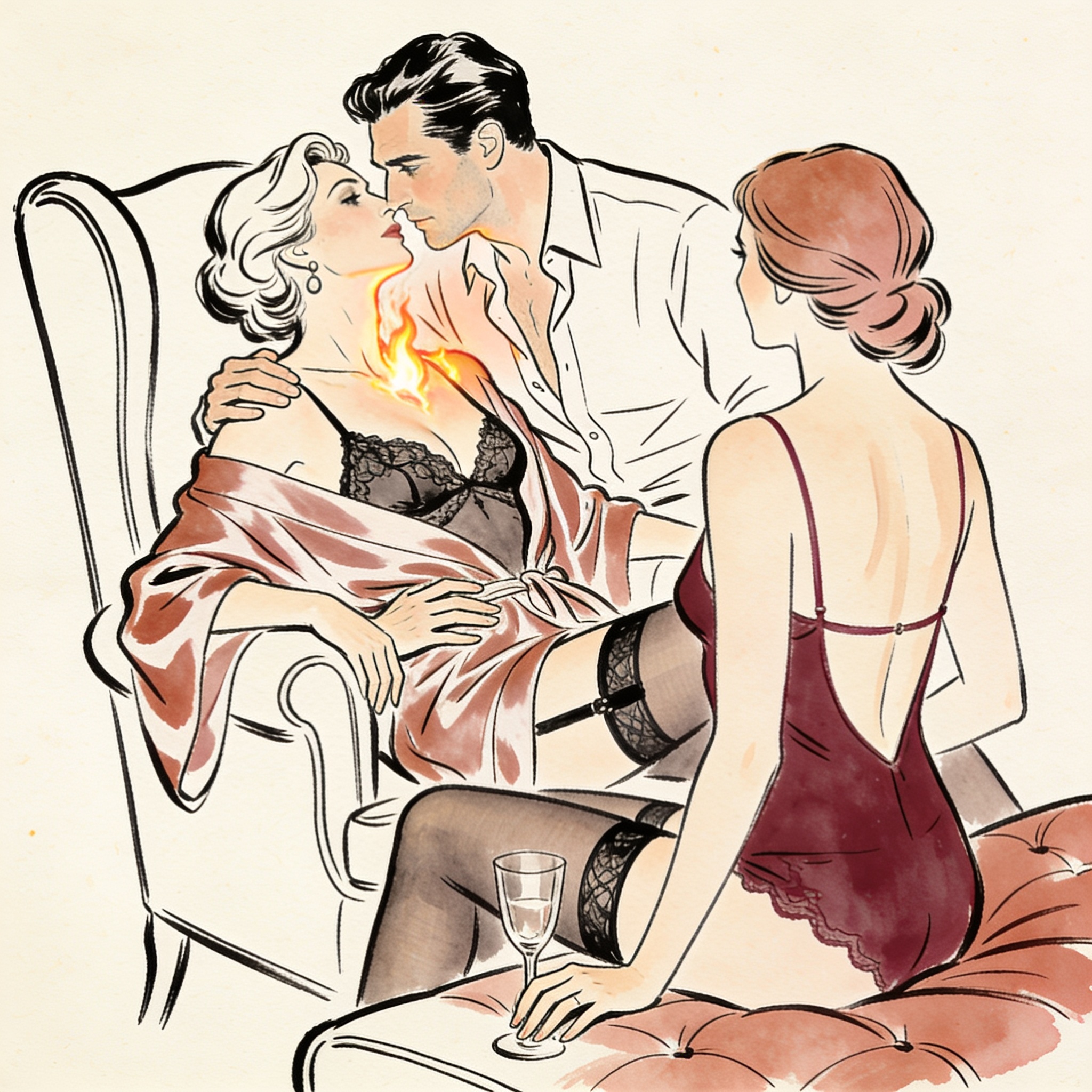 A couple shares an intense look as a third woman watches, tension thick in the firelit ...
