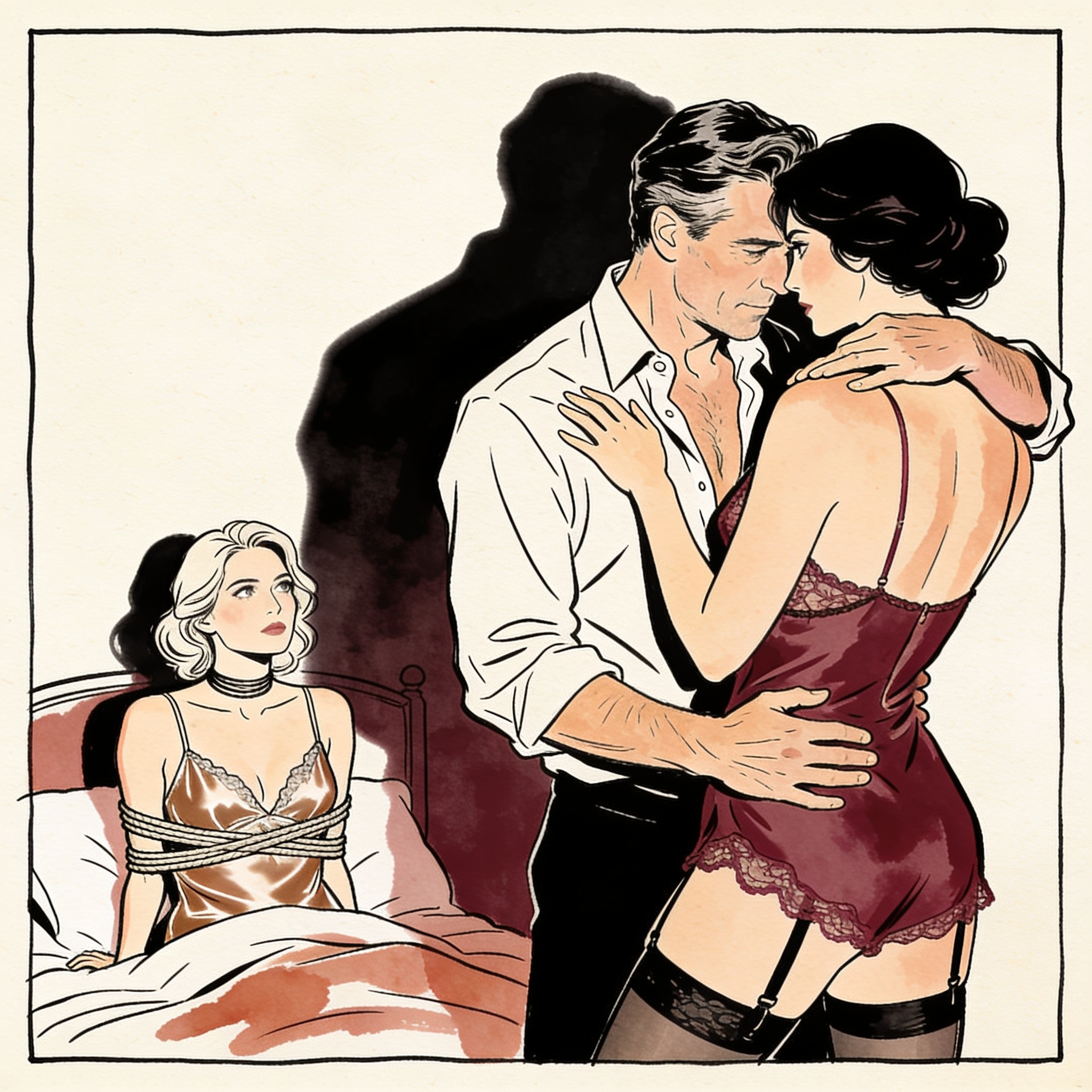 Bound woman watches her partner subdued by a shadowy figure in a darkened bedroom.