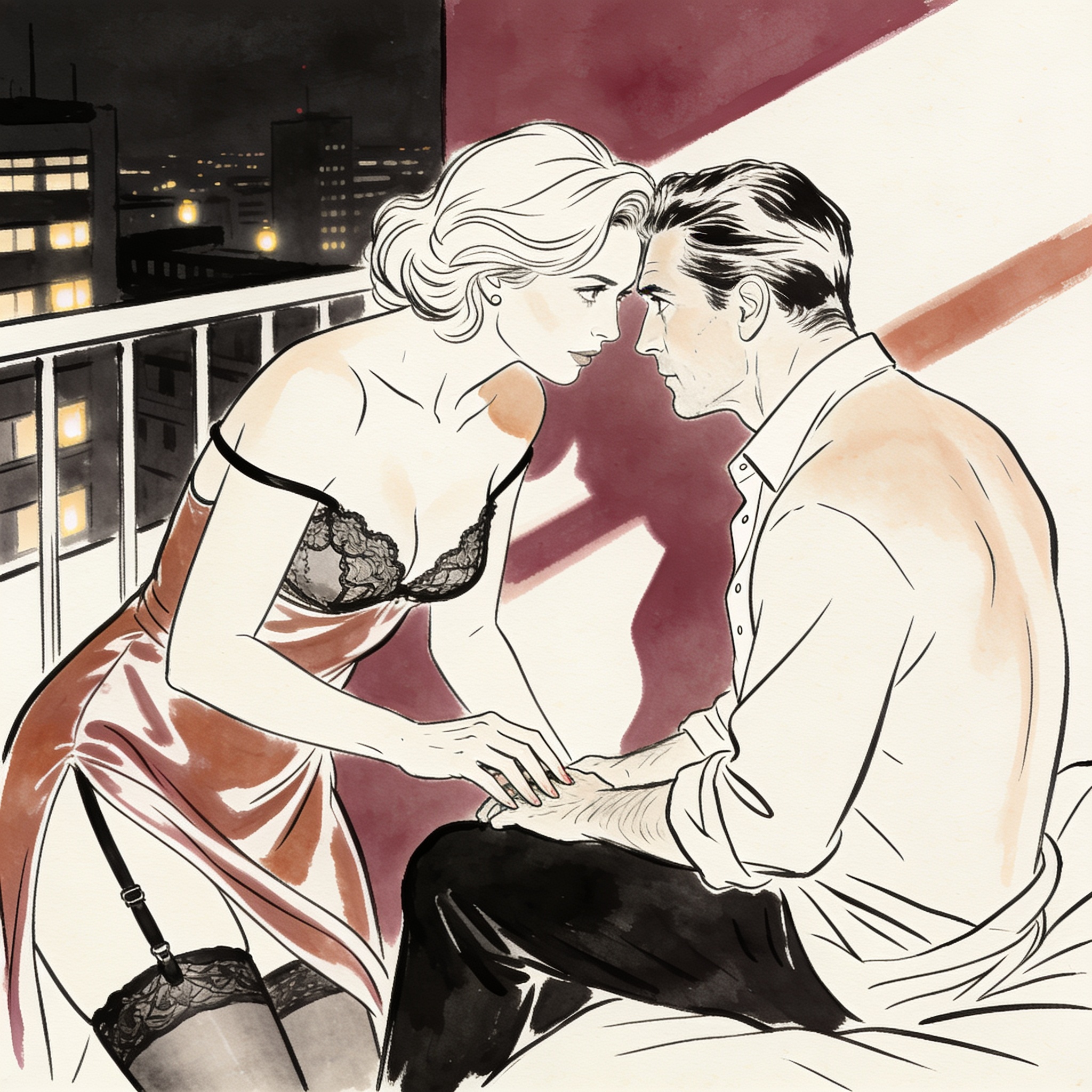Woman in slipping sundress leans close to a man, a charged, secretive moment.