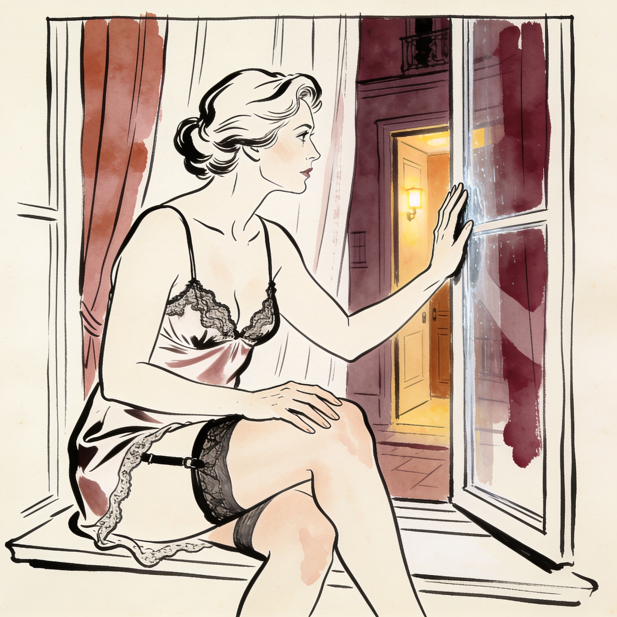 A young woman gazing from her window, hand on her thigh, dressed in a slip.