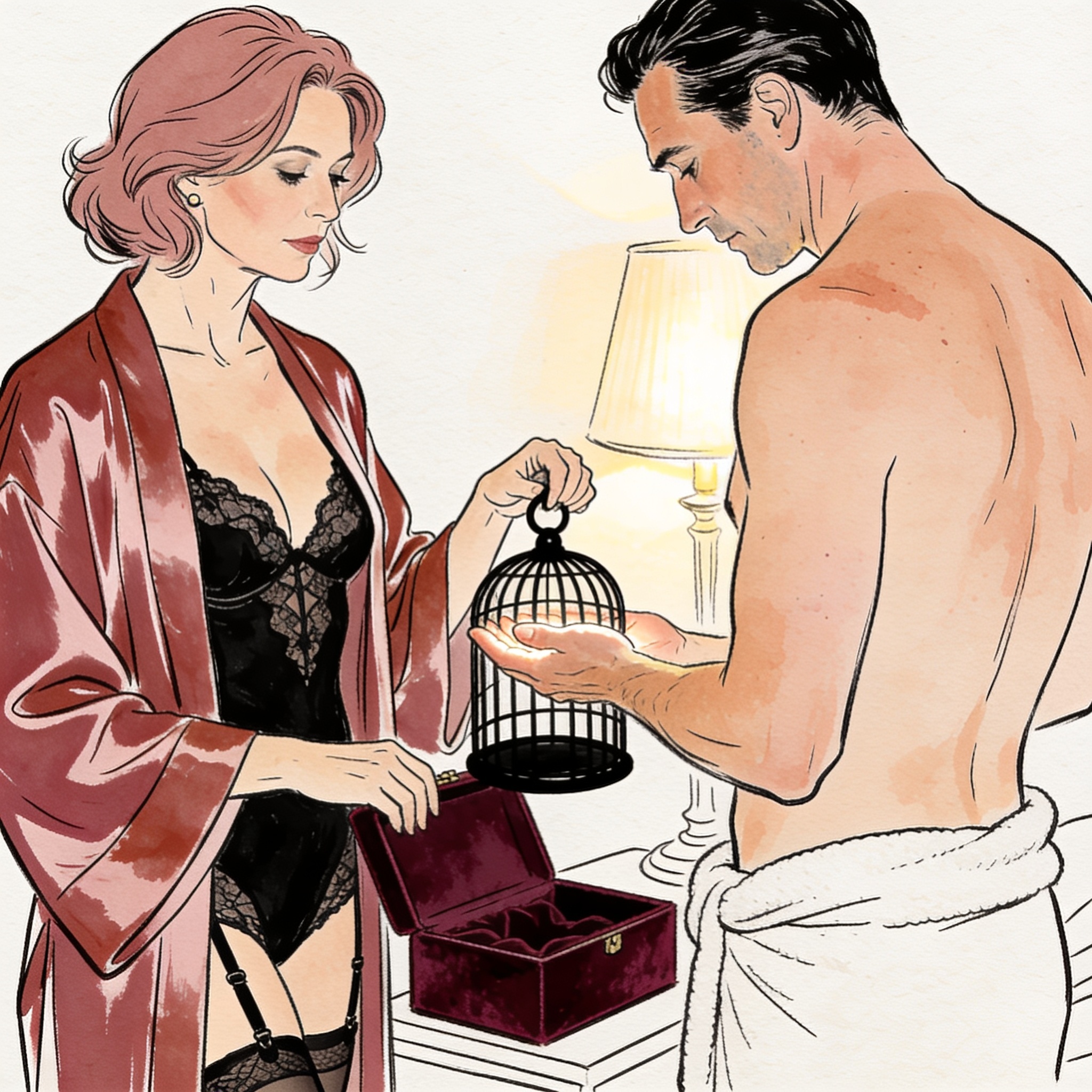 A woman in a silk robe holds up a black cage as her towel-clad partner watches intently.