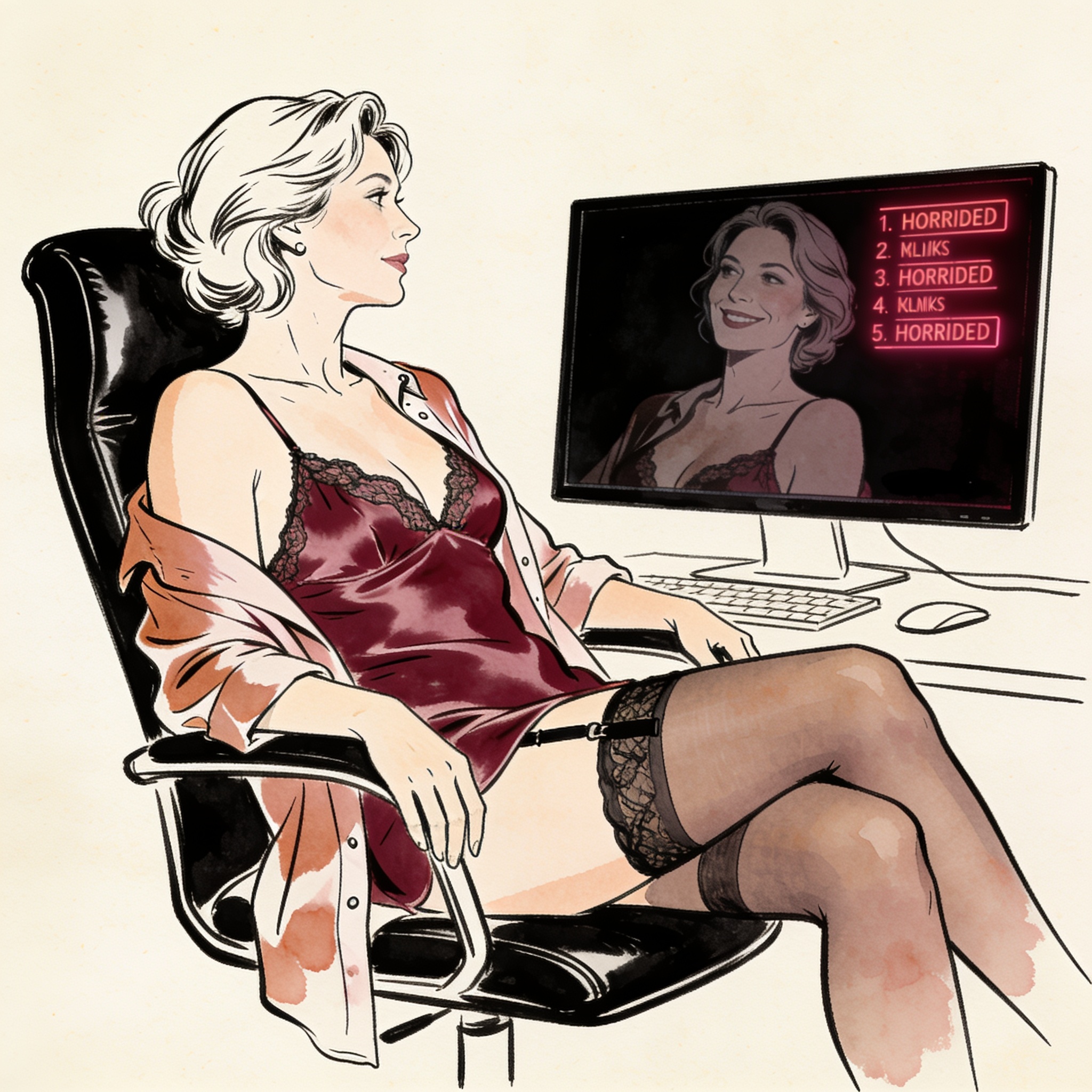 A woman in a silk camisole smiles knowingly at her reflection in a dark computer monitor.