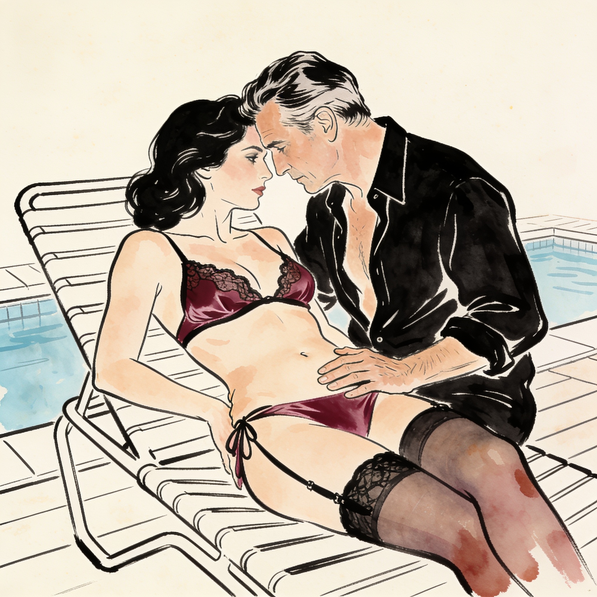 A man and a woman lean close, foreheads touching intimately by a sunset pool.