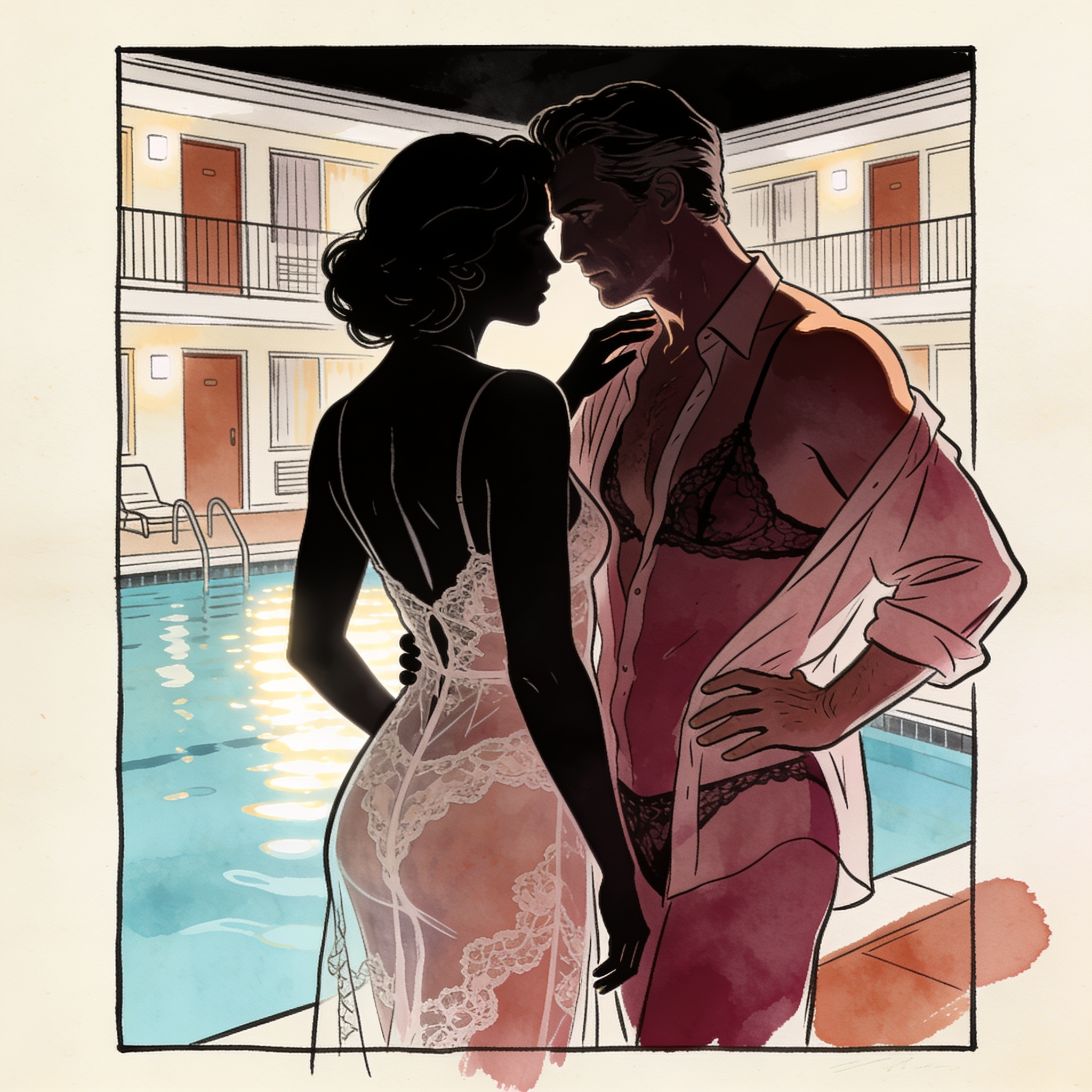 A couple shares a moment of charged anticipation by a private pool.