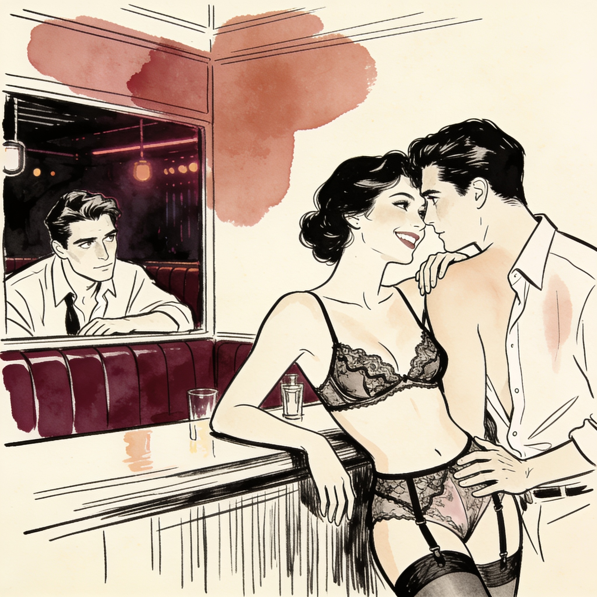 A woman in lingerie meets the gaze of two men in a dark, crowded nightclub.