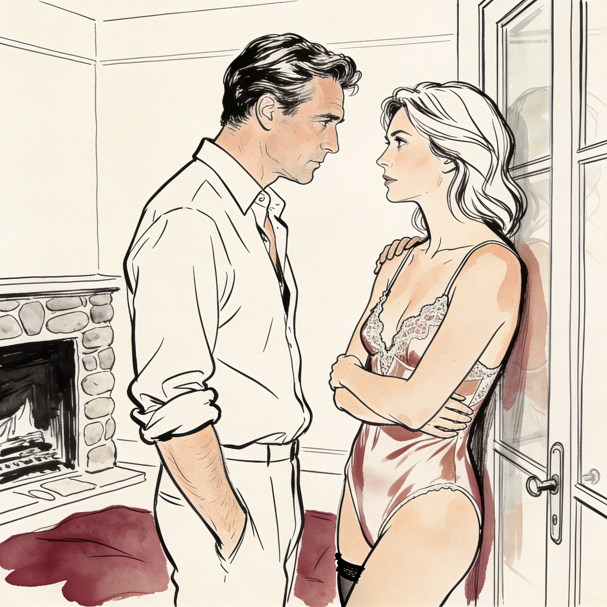 Newlyweds share a tense, longing gaze in their empty living room.